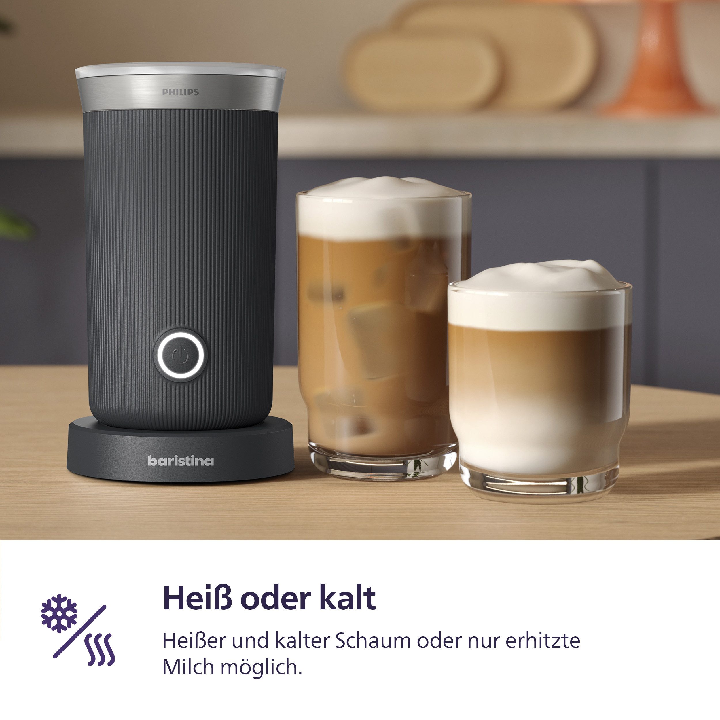 PHILIPS baristina Milchaufschäumer BAR311, Antihaftbeschichtung, leichte Reinigung, 15,3 W, warmer und kalter Milchschaum, 120 ml Fassungsvermögen