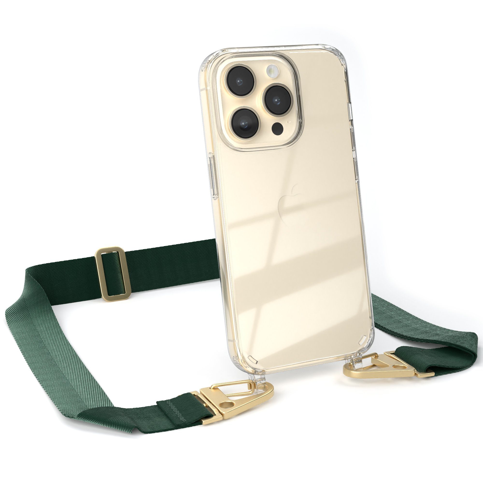 EAZY CASE Handykette Silikon Kette Karabiner für Apple iPhone 14 Pro 6,1 Zoll, Handytasche durchsichtige Silikon Hülle mit breitem Umhängeband Grün