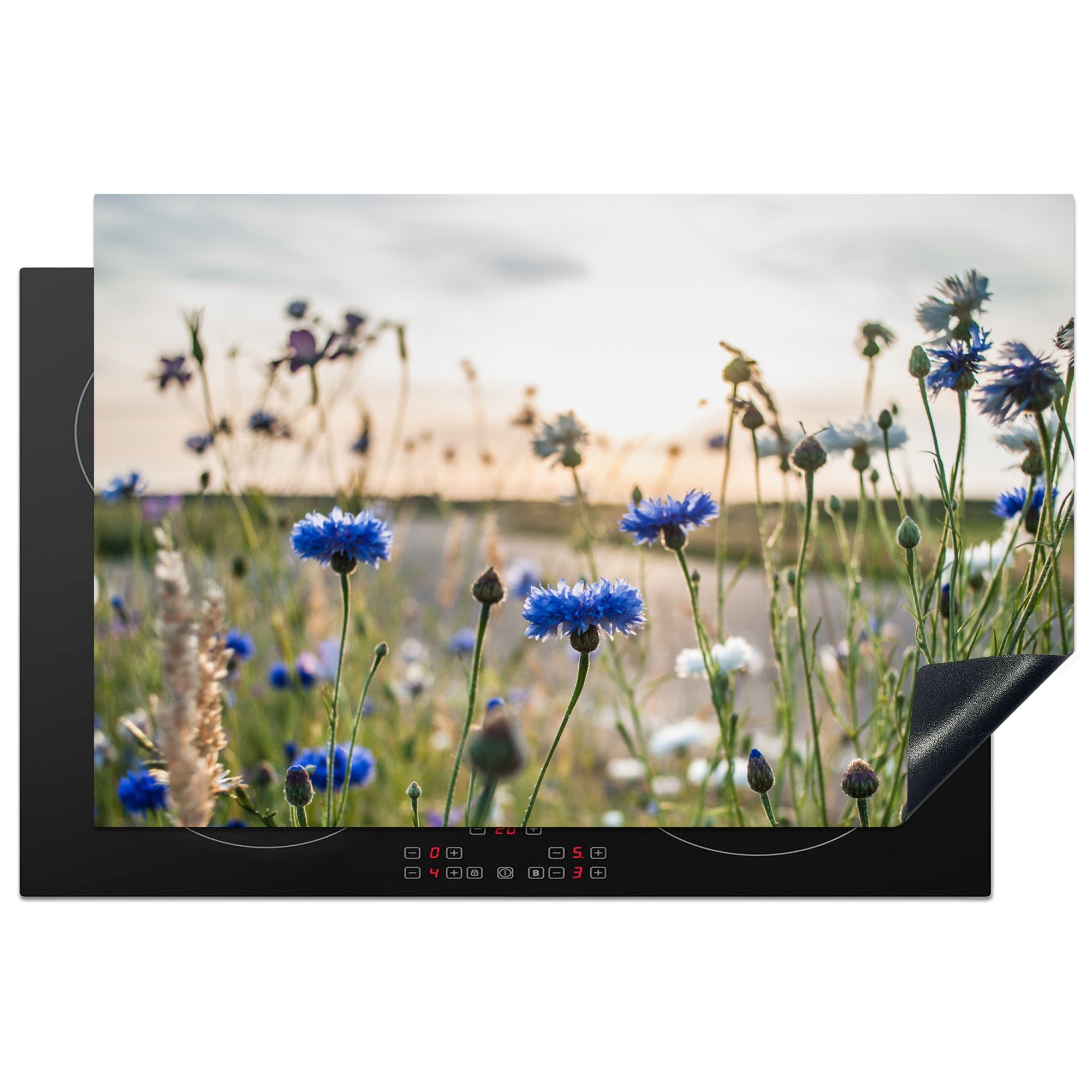 MuchoWow Herdblende-/Abdeckplatte Blumen - 81x52 küche Ceranfeldabdeckung, cm, Arbeitsplatte Kornblume für Sommer - tlg), - (1 Sonne Wolken, - Blau - Vinyl