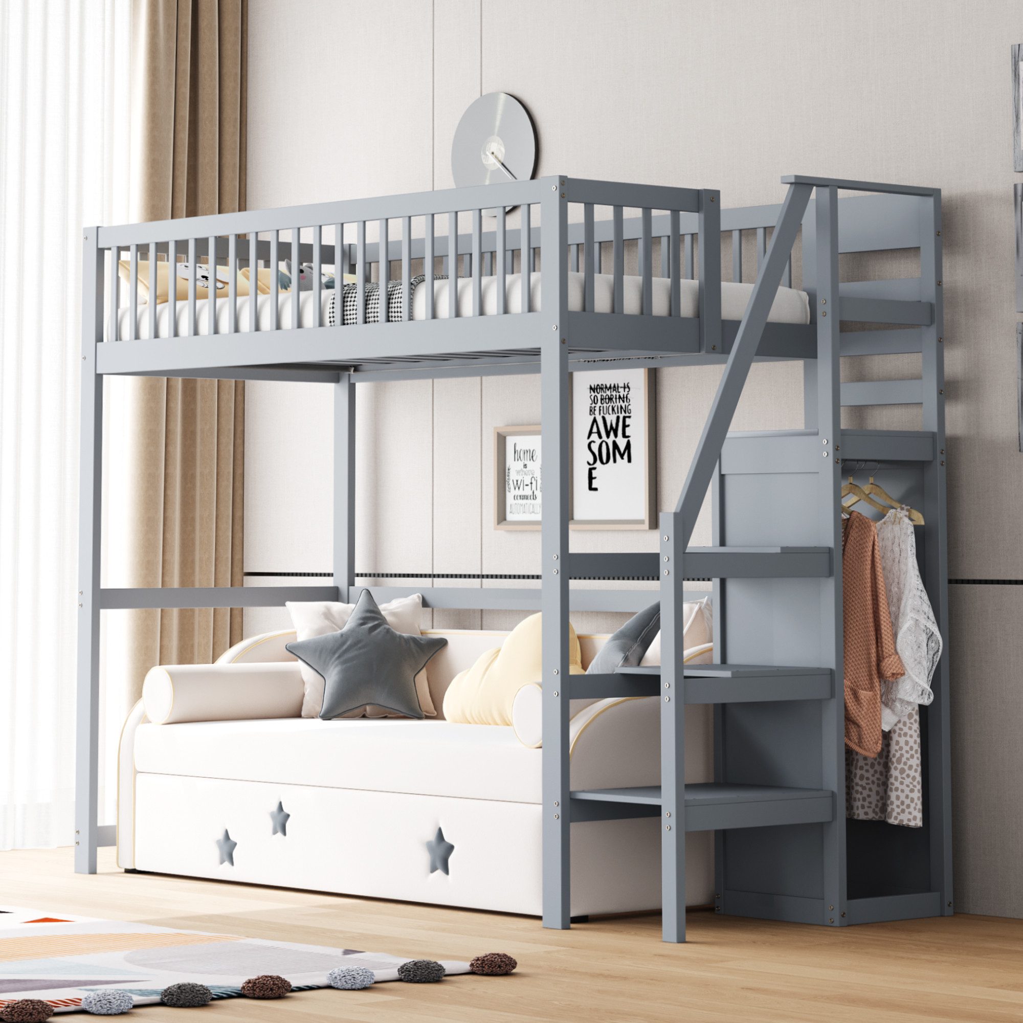 OKWISH Kinderbett Multifunktionales Hochbett mit Treppe,Stauraumbett günstig online kaufen