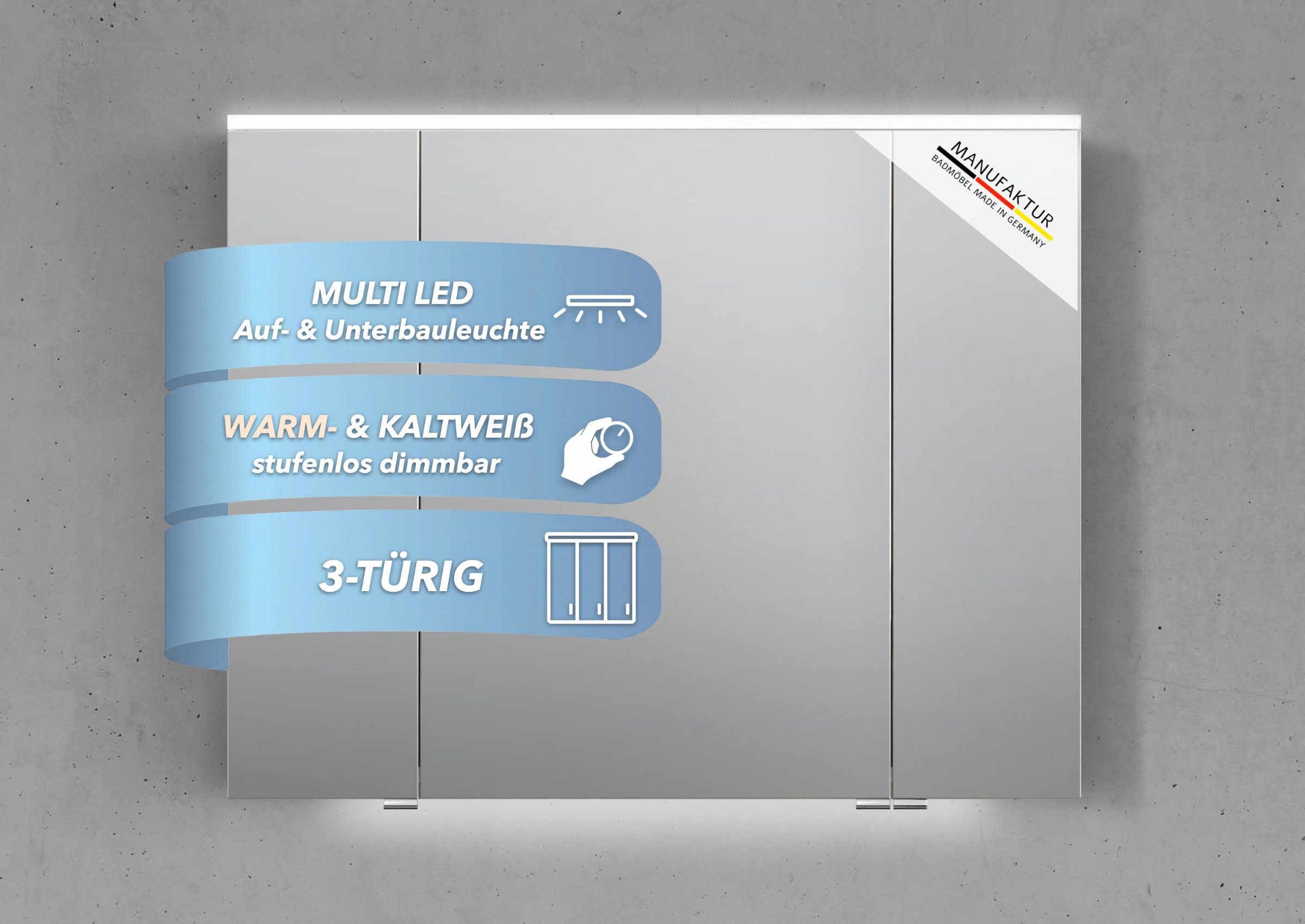 Intarbad Badezimmerspiegelschrank 3-türiger Spiegelschrank mit MULTI LED Beleuchtung, stufenlos dimmbar (Doppelspiegeltüren, Holz-/ Lackdekore, Maße von 90 bis 180 cm wählbar, Höhe 71,8 cm, Glasfachböden, Magnetleiste & Kosmetikspiegel Ø 12 cm) Vormontierte Lieferung, Floatglas, 160 kg Traglast, Made in Germany