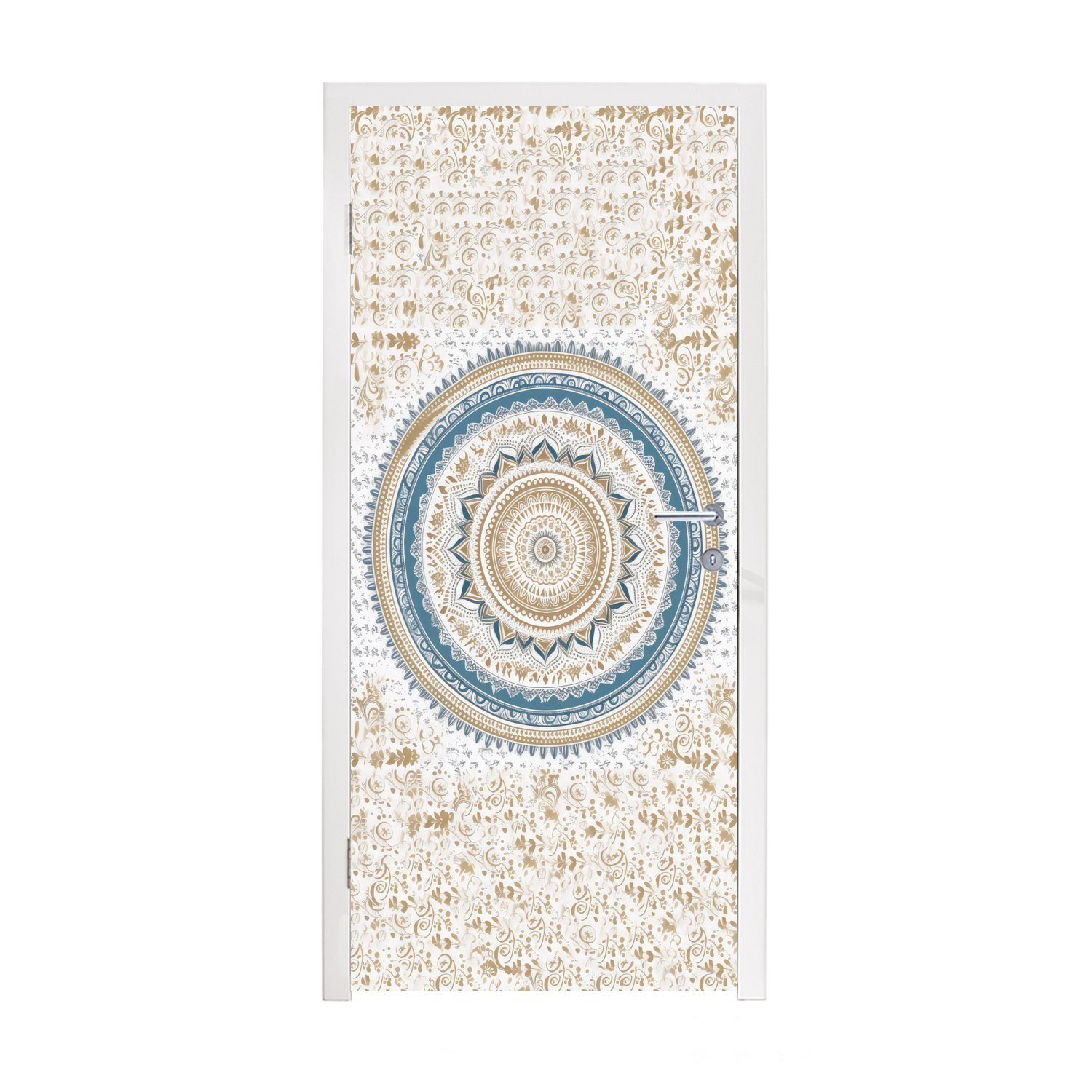 MuchoWow Türtapete Design, Türaufkleber, Mandala Fototapete Weiß - Bohème Matt, - St), - (1 bedruckt, Tür, Blau für cm 75x205 