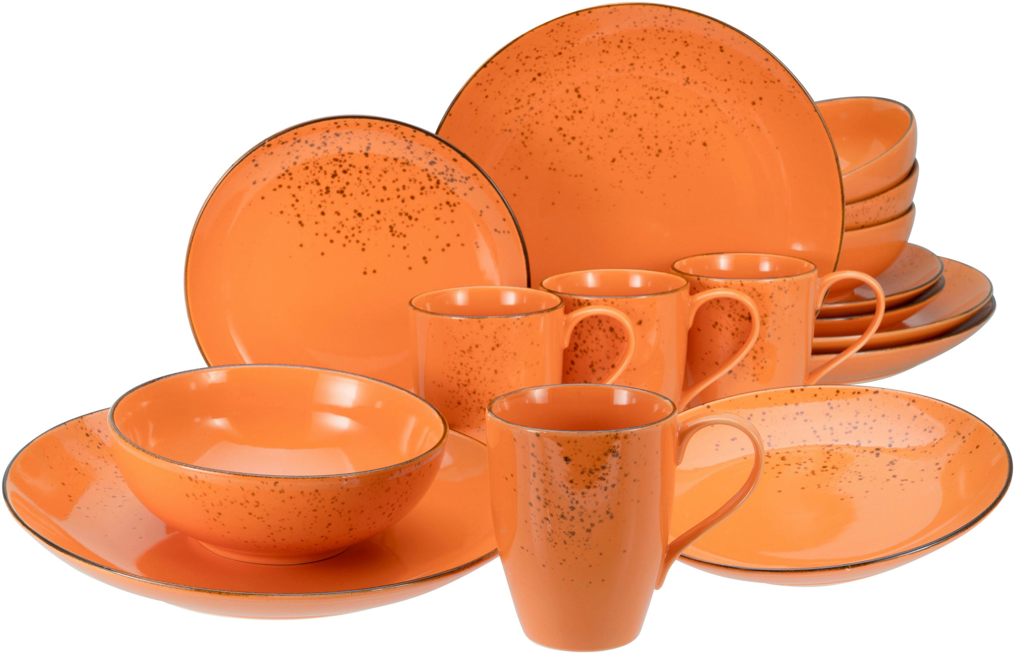 CreaTable Kombiservice Nature Collection Orange (16-tlg), 4 Personen,  Steinzeug, Reaktivglasur, jedes Stück ein Unikat