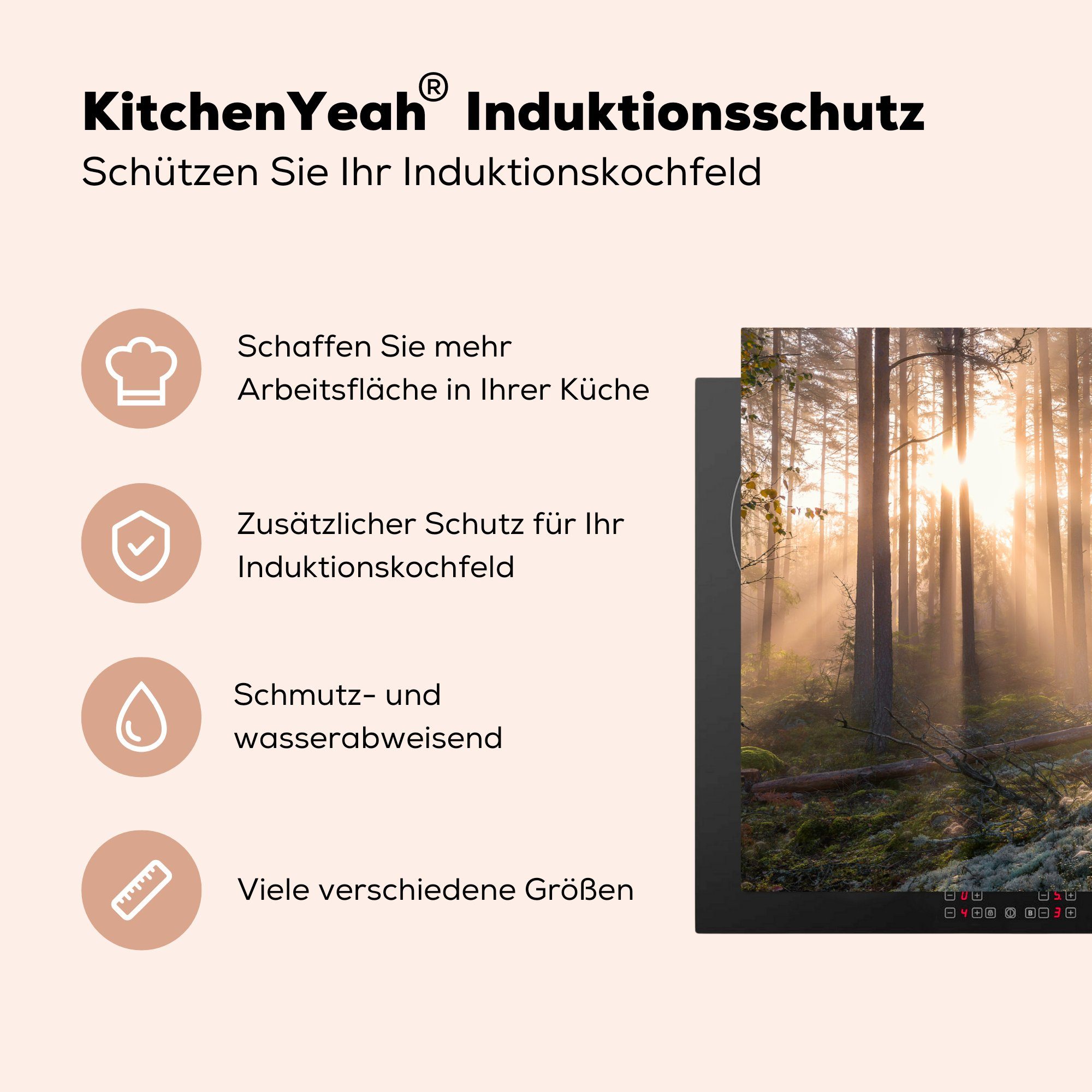 MuchoWow Herdblende-/Abdeckplatte Wald Schutz - Baum Sonne, 81x52 - küche, tlg), (1 cm, Induktionskochfeld die Vinyl, Ceranfeldabdeckung für
