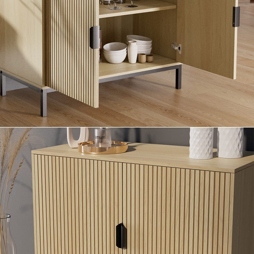 Vicco Kommode Lennox, Eiche/Schwarz, 80 x 45 cm mit 2 Türen