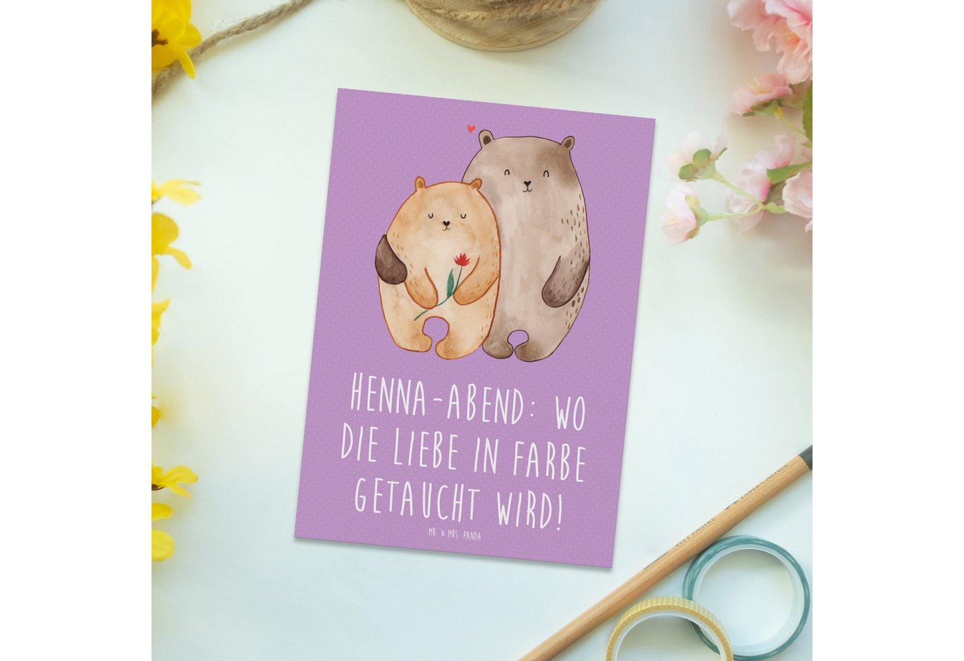 Thumbnail - Mr. & Mrs. Panda Postkarte Henna-Abend Farbenliebe - Lavendeltraum - Geschenk, Magischer Moment