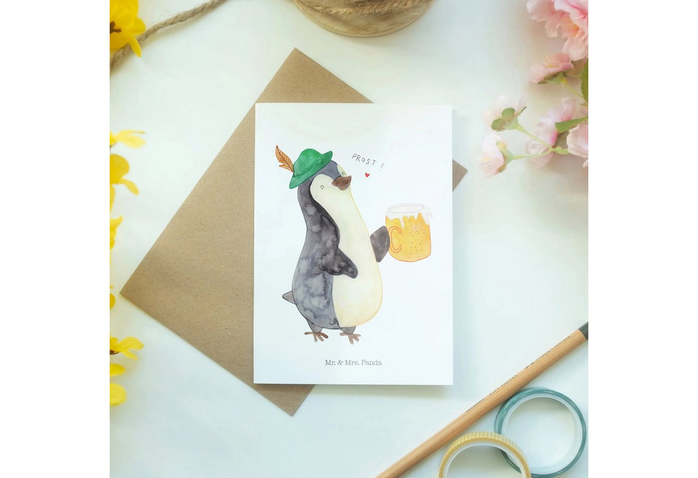 Thumbnail - Mr. & Mrs. Panda Grußkarte Pinguin Bier - Weiß - Geschenk, Feierabend, Oktoberfest, Grußkarte, G, Einzigartiges Design