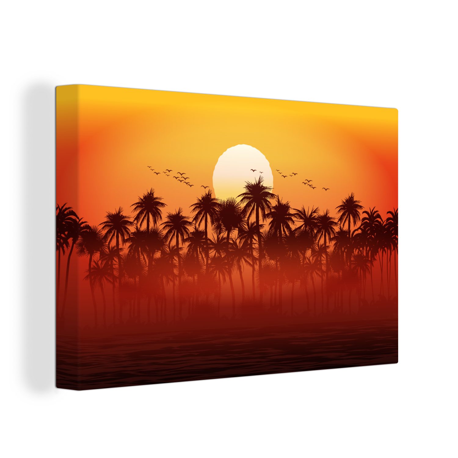 OneMillionCanvasses® Leinwandbild Palme - Sonne - Vogel, (1 St), Wandbild Leinwandbilder, Aufhängefertig, Wanddeko, 30x20 cm