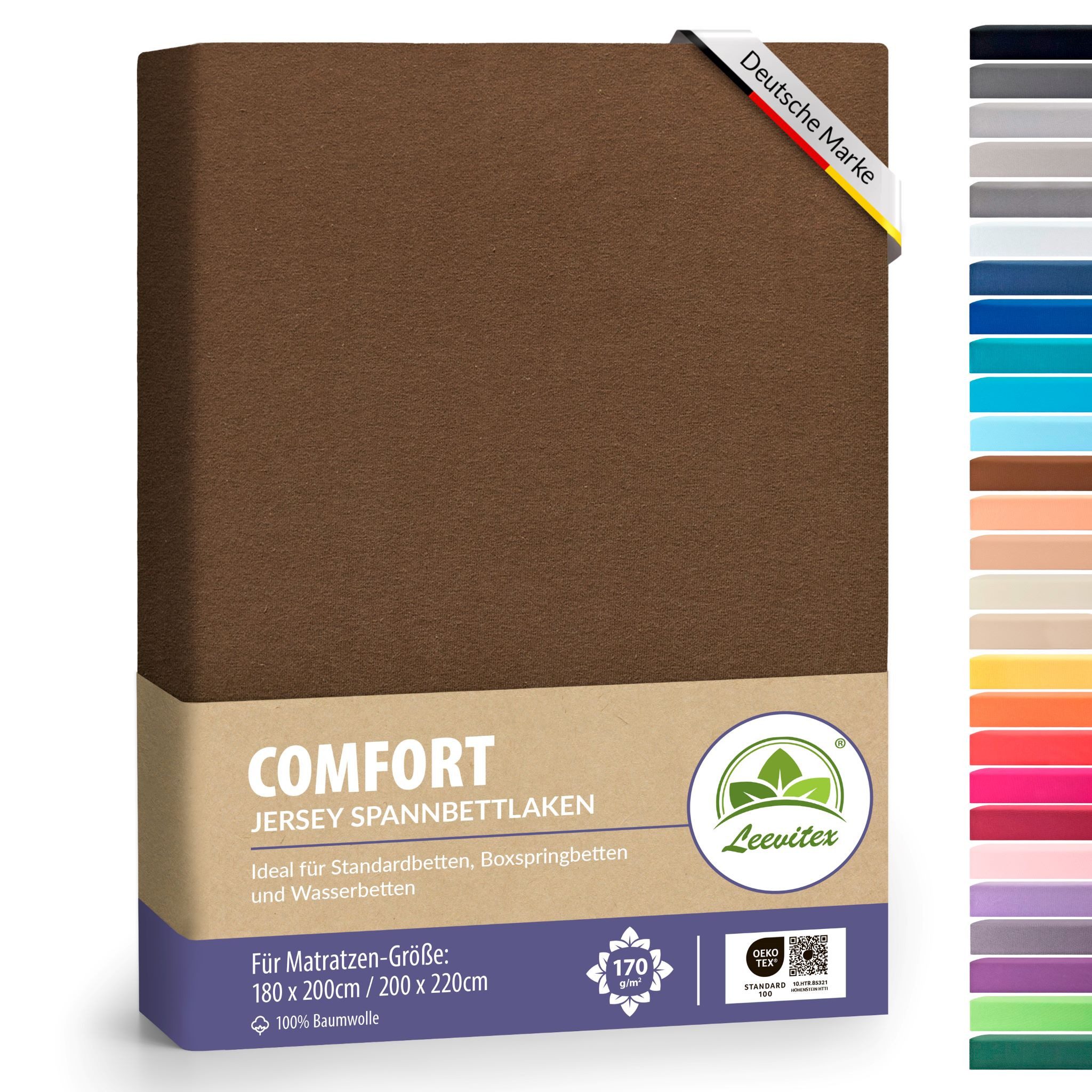 leevitex® Spannbettlaken 180x200 cm - 200x220 cm, Stoffgewicht 170 g/m², 40 cm Steghöhe, Jersey, Gummizug: rundum, (1 Stück), verschiedene Farben, OEKO-TEX® STANDARD 100 zertifiziert