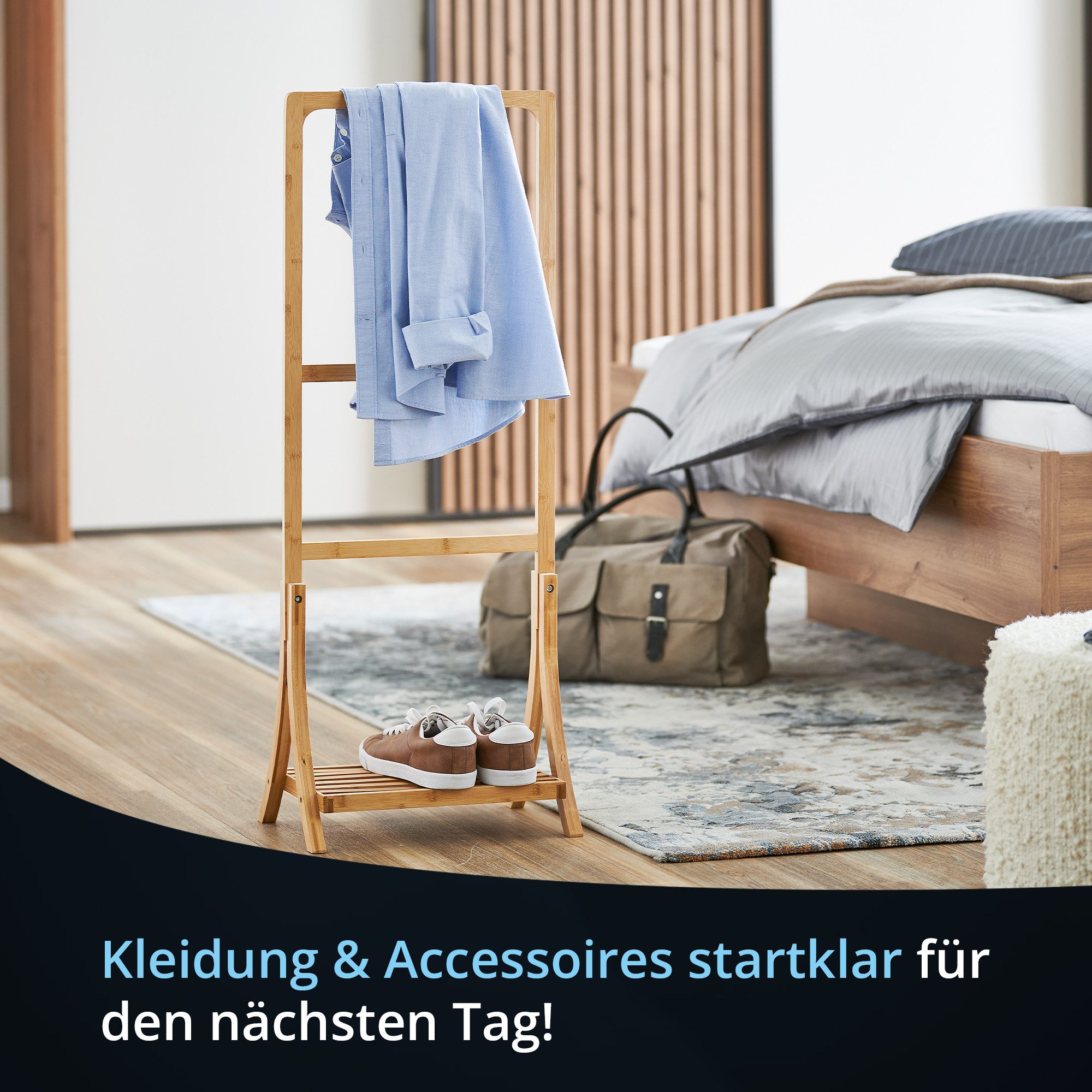KHG Herrendiener aus Bambus Echtholz für Kleidung, (Stummer Diener, Sackohalter mit Hosenbügel sowie Schuhablage) – Bild 2 von 5
