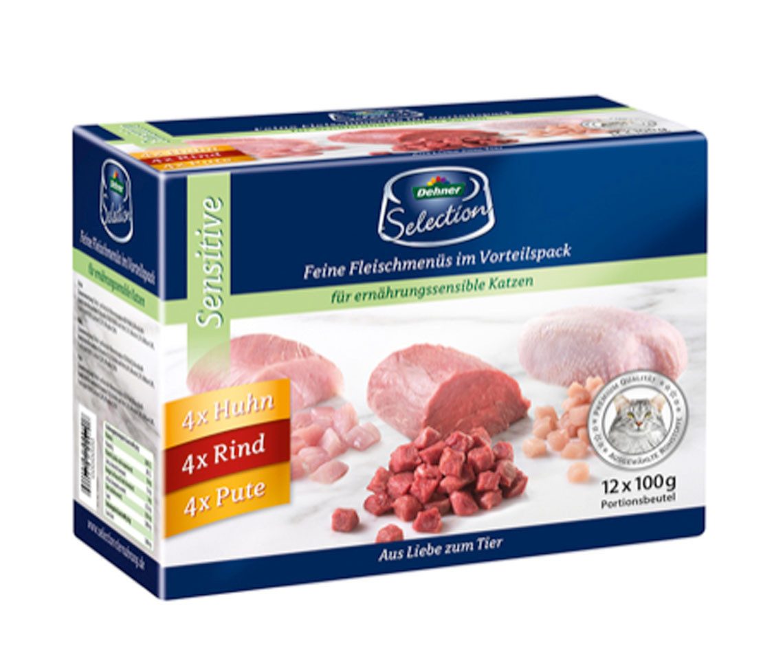 Dehner Premium Sensitive Multipack Huhn / Rind / Pute, 12 x 100 g Beutel Huhn, Nassfutter für: Katze, Nassfutter für ernährungssensible Katzen