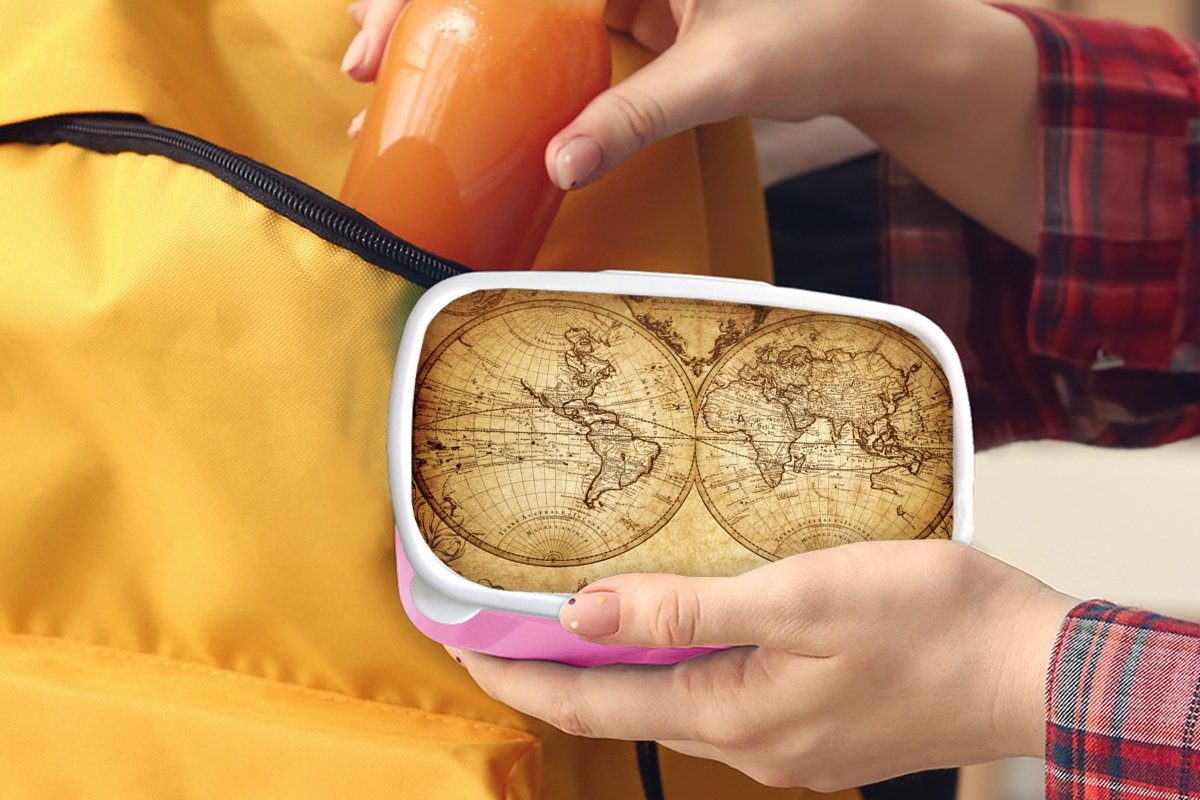 Brotbox Kinder, Snackbox, (2-tlg), für MuchoWow - Lunchbox Mädchen, Kind - Kunststoff, Mädchen, Antik - rosa Junge Kunststoff Erwachsene, - Vintage - Weltkarte Brotdose