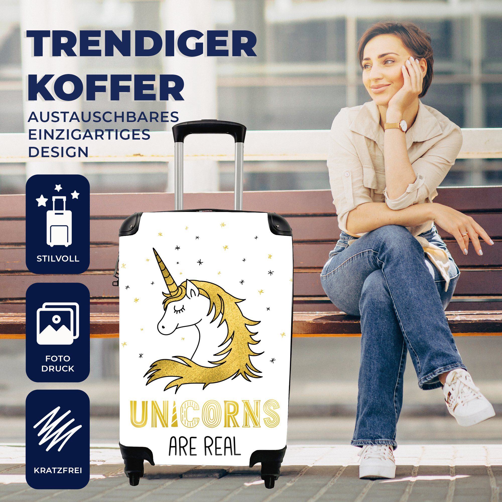 MuchoWow Handgepäckkoffer Eine Illustration Einhorns Kinder, Mädchen - Trolley, mit Rollen, weiß-gelben rollen, Reisetasche Reisekoffer - für 4 Handgepäck Ferien, eines