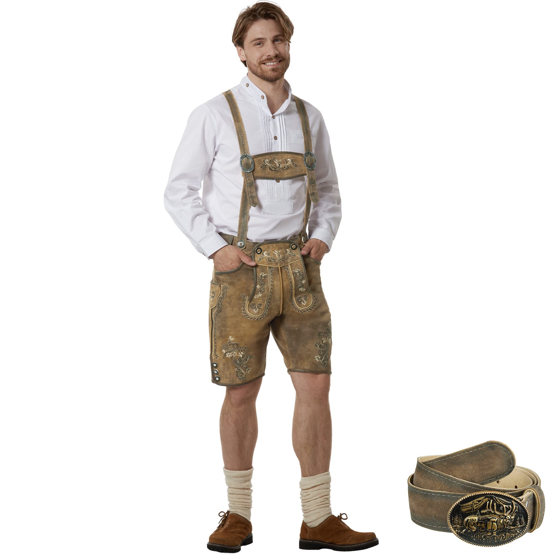dressforfun Trachtenhose Hochwertige Lederhose aus weichem Ziegenleder mit Stickereien (Herrenhose Moritz, für Volksfeste in Eiche) echte Knochenknöpfe, Inkl. Ledergürtel und verstellbaren Hosenträgern