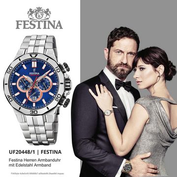 Festina Chronograph Festina Herren Uhr F20448/1 Edelstahl, Herren Armbanduhr rund, Edelstahlarmband silber