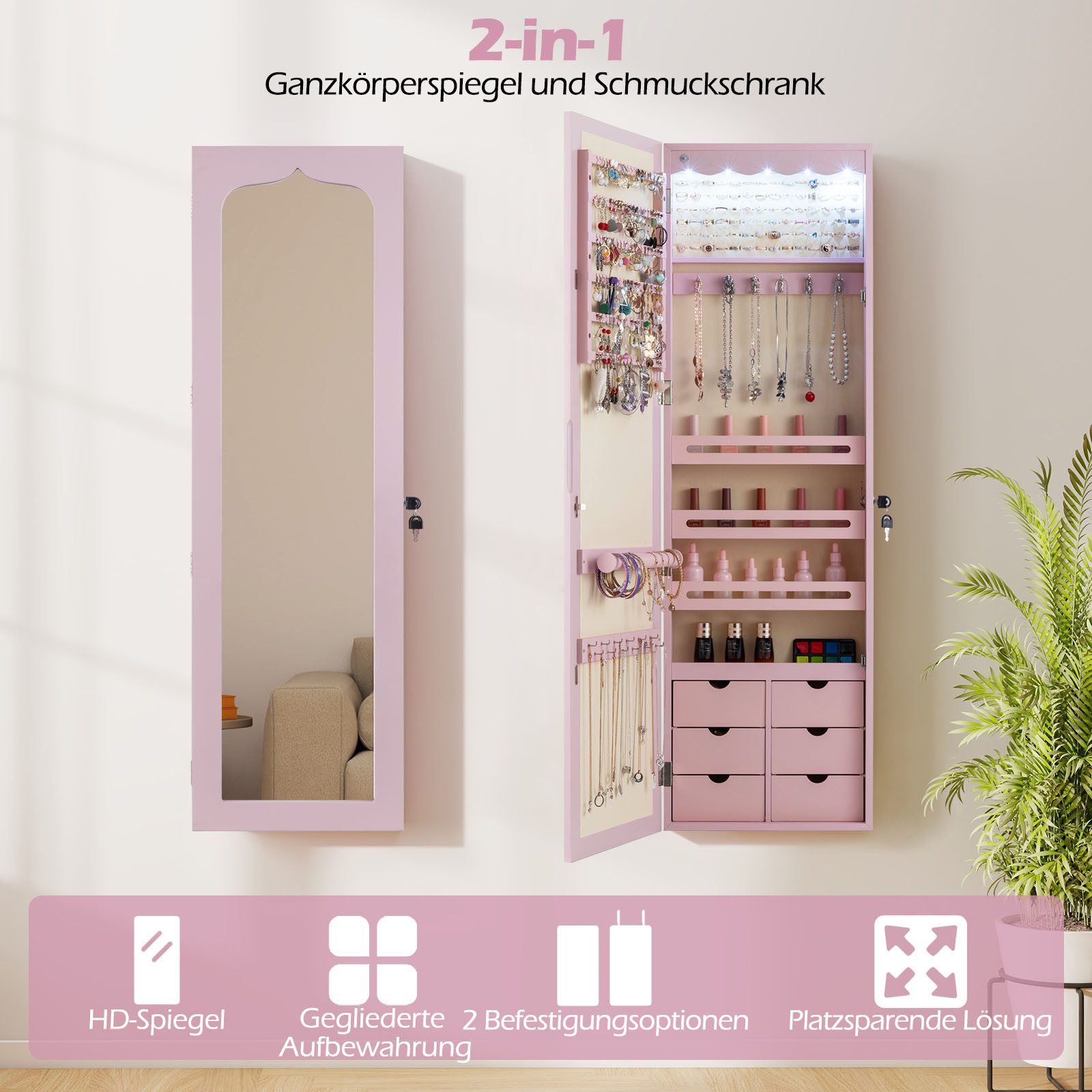 COSTWAY Schmuckschrank mit LED & Ganzkörperspiegel, für Tür und Wand