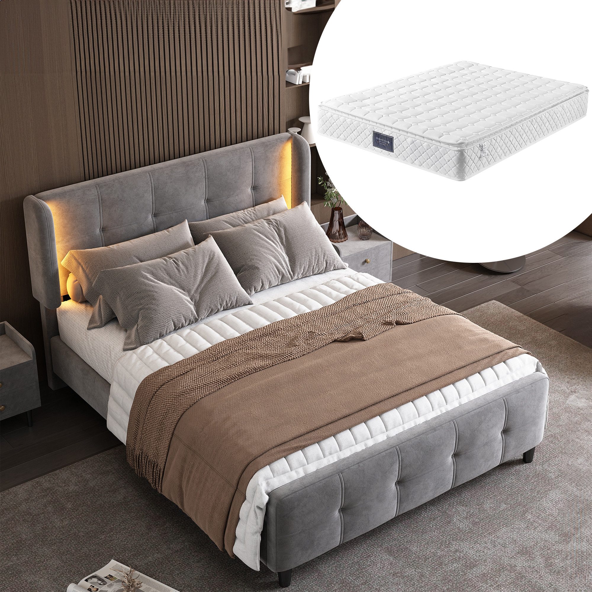 HAUSS SPOLE Polsterbett 140x200cm mit LED-Leisten, höhenverstellbares Kopft günstig online kaufen