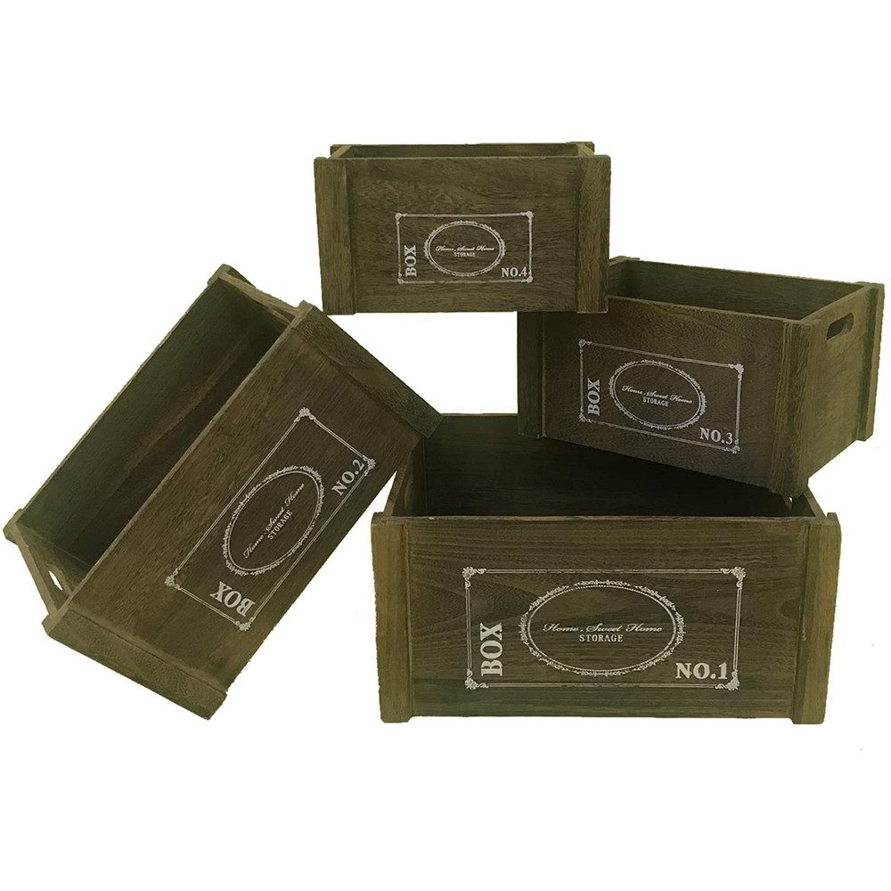 Melko Holzkiste Allzweckkiste Aufbewahrungsboxen 4er Set Braun Griff Vintage Shabby (Stück, 4 St), Tragekerben an den kürzeren Seiten