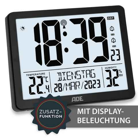 ADE Funktischuhr Digitale Tischuhr Wecker mit Thermometer und Hygrometer 2 Weckzeiten, ausgeschriebener Wochentag, zum Hängen oder Stellen