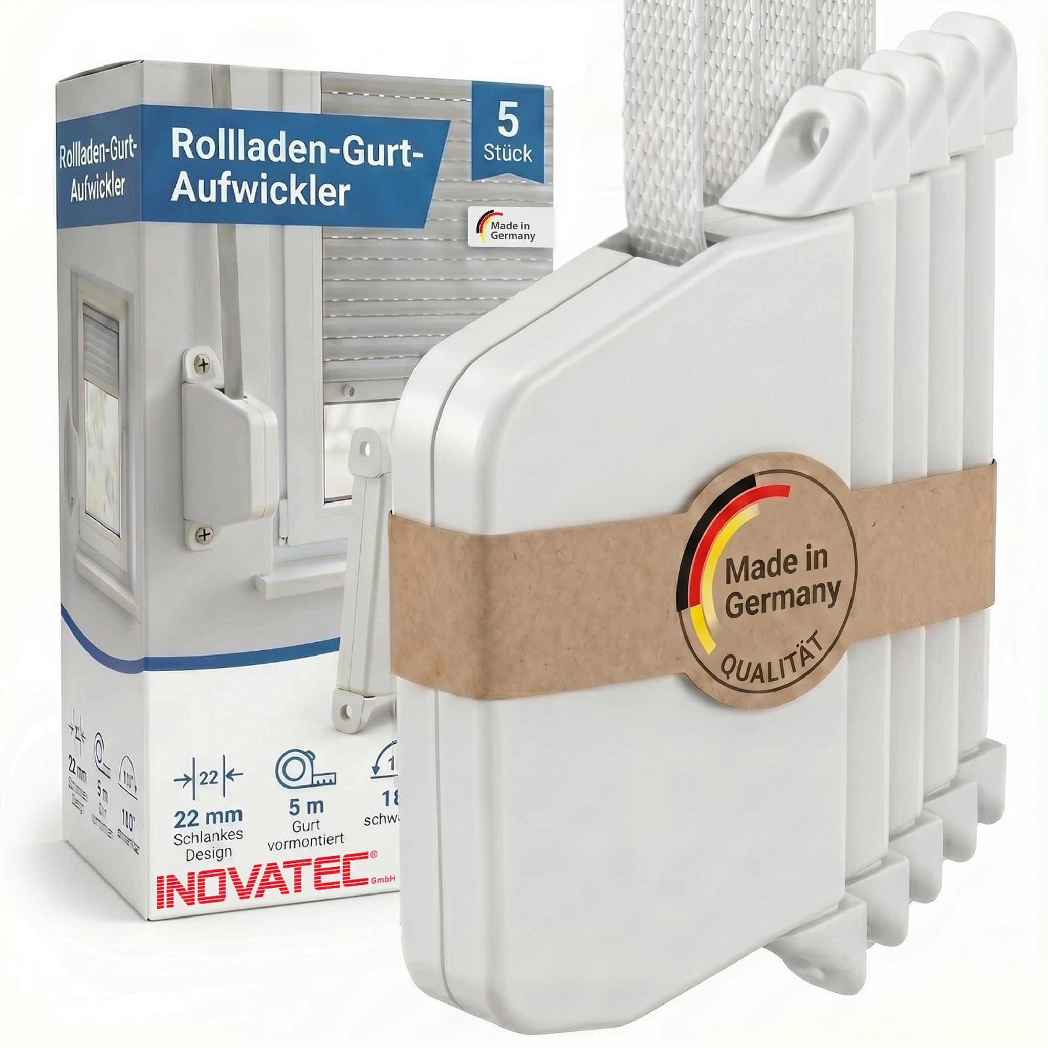 Inovatec Aufputz-Gurtwickler Rollladen Aufschraubwickler Mini + 5 m Gurtband, Gurtbreite 14 mm, 5-tlg.