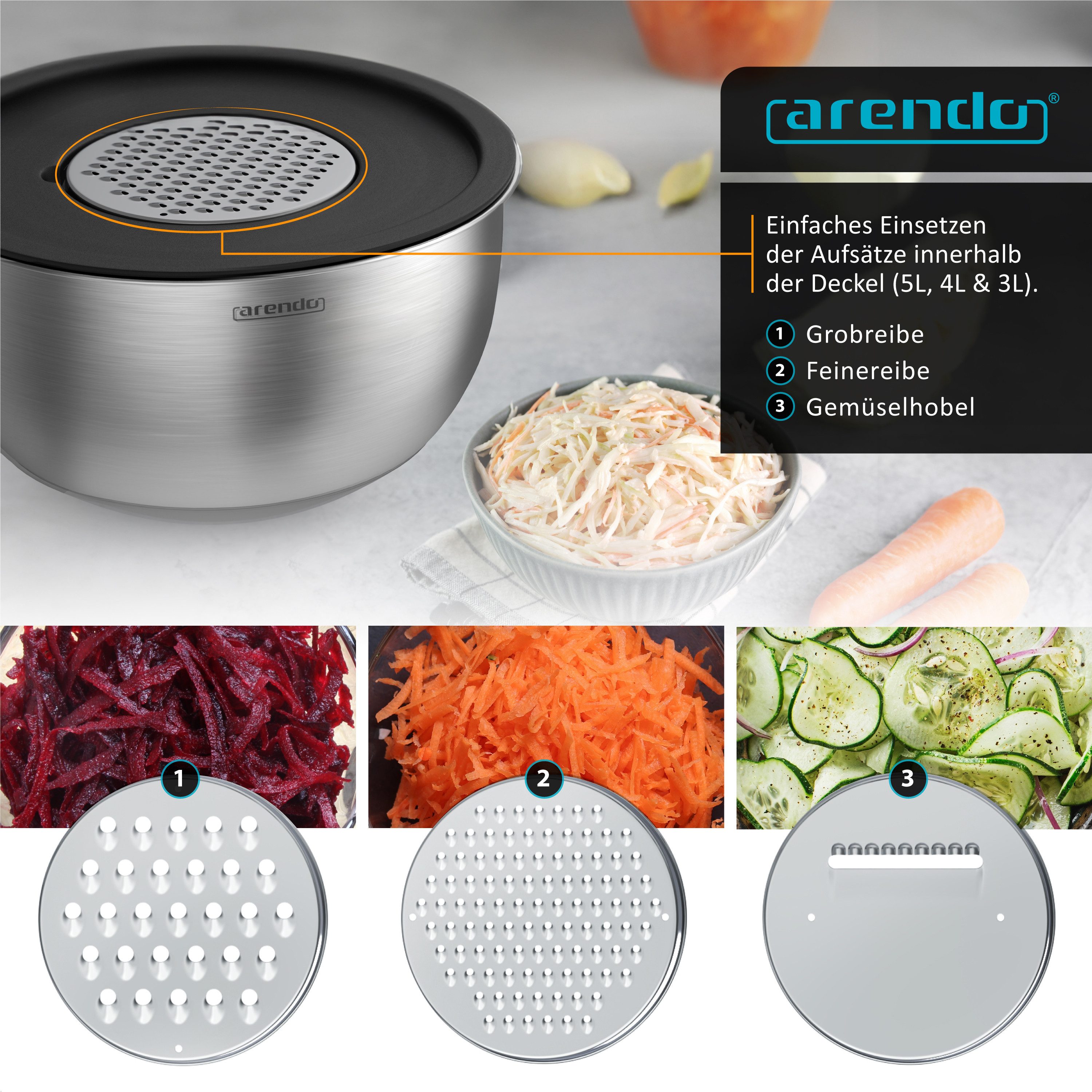 Arendo Salatschüssel 5er Set mit Deckel, Edelstahl Salatschüsseln 1,6 bis 5 L, Rührschüssel, Edelstahl, (Set, 5-tlg), Edelstahlschüssel, 3 Reibaufsätze spülmasc – Bild 4 von 5