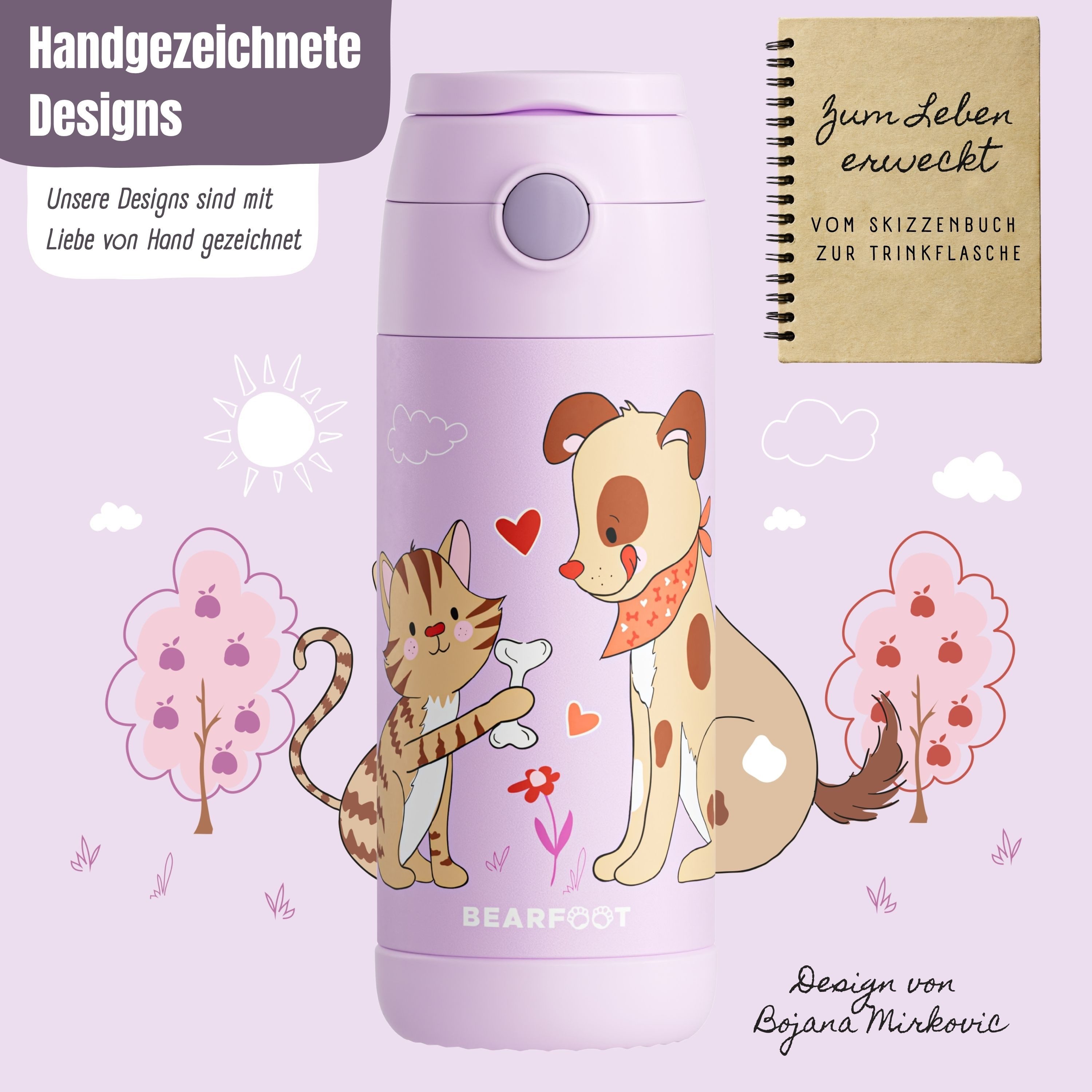 BEARFOOT Trinkflasche Thermo Kinder Trinkflasche Edelstahl - Hund & Katze lila, Thermosflasche, auslaufsicher, Edelstahl, Kinderflasche, BPA-frei – Bild 4 von 5