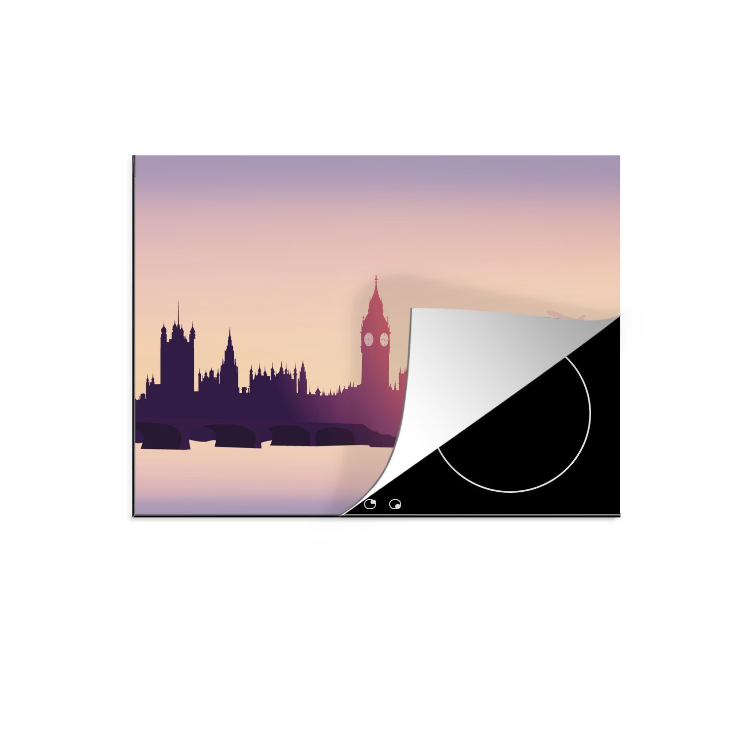 MuchoWow Herdblende-/Abdeckplatte Eine Illustration der Londoner Skyline in der Abenddämmerung, Vinyl, (1 tlg), 70x52 cm, Mobile Arbeitsfläche nutzbar, Ceranfeldabdeckung