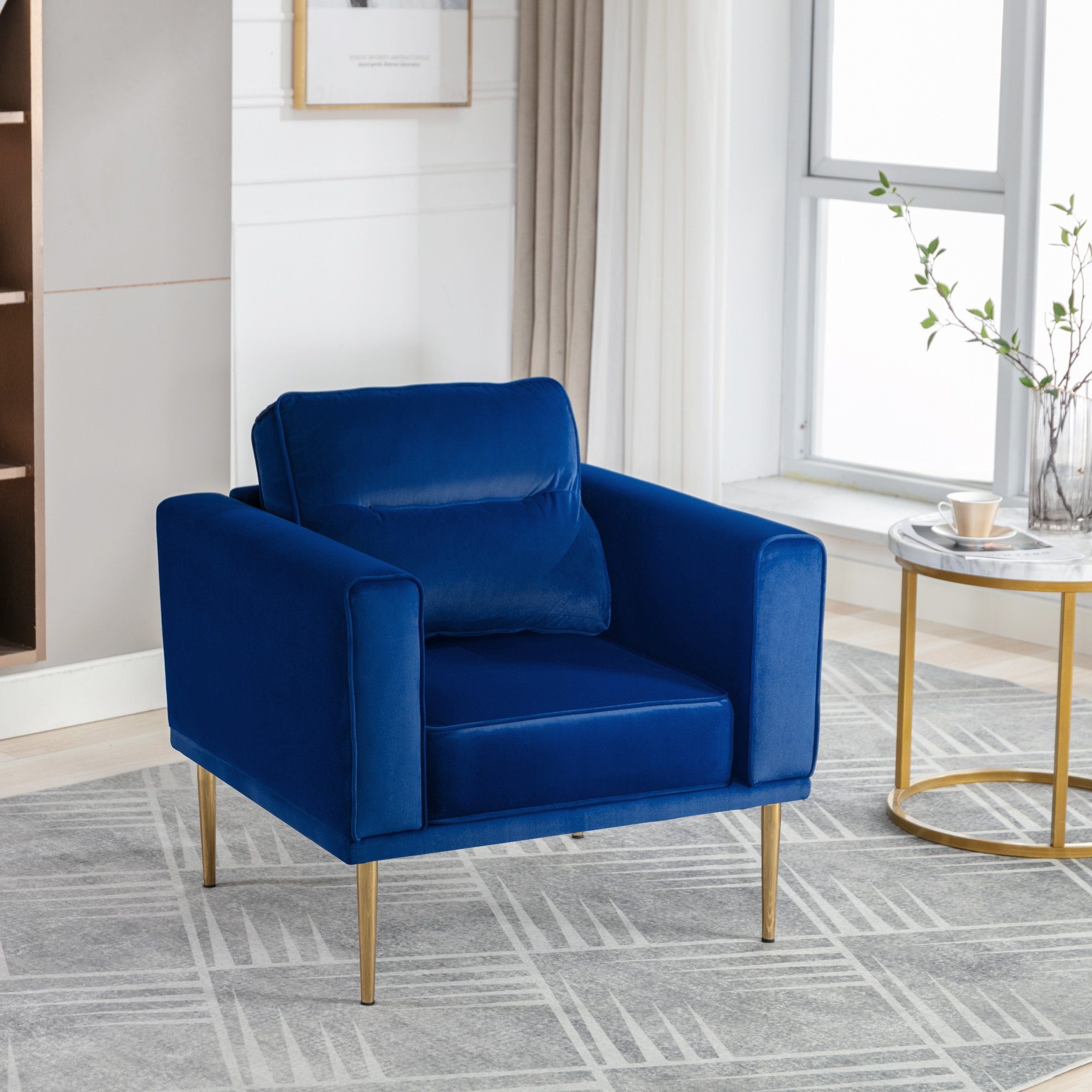 OKWISH Sessel Fernsehsessel, Loungesessel, Sessel mit Polster und Sitzkissen (lässiger Sessel), Roségold-Metallbeine, moderner einfacher Samtstuhl blau | Einzelsessel