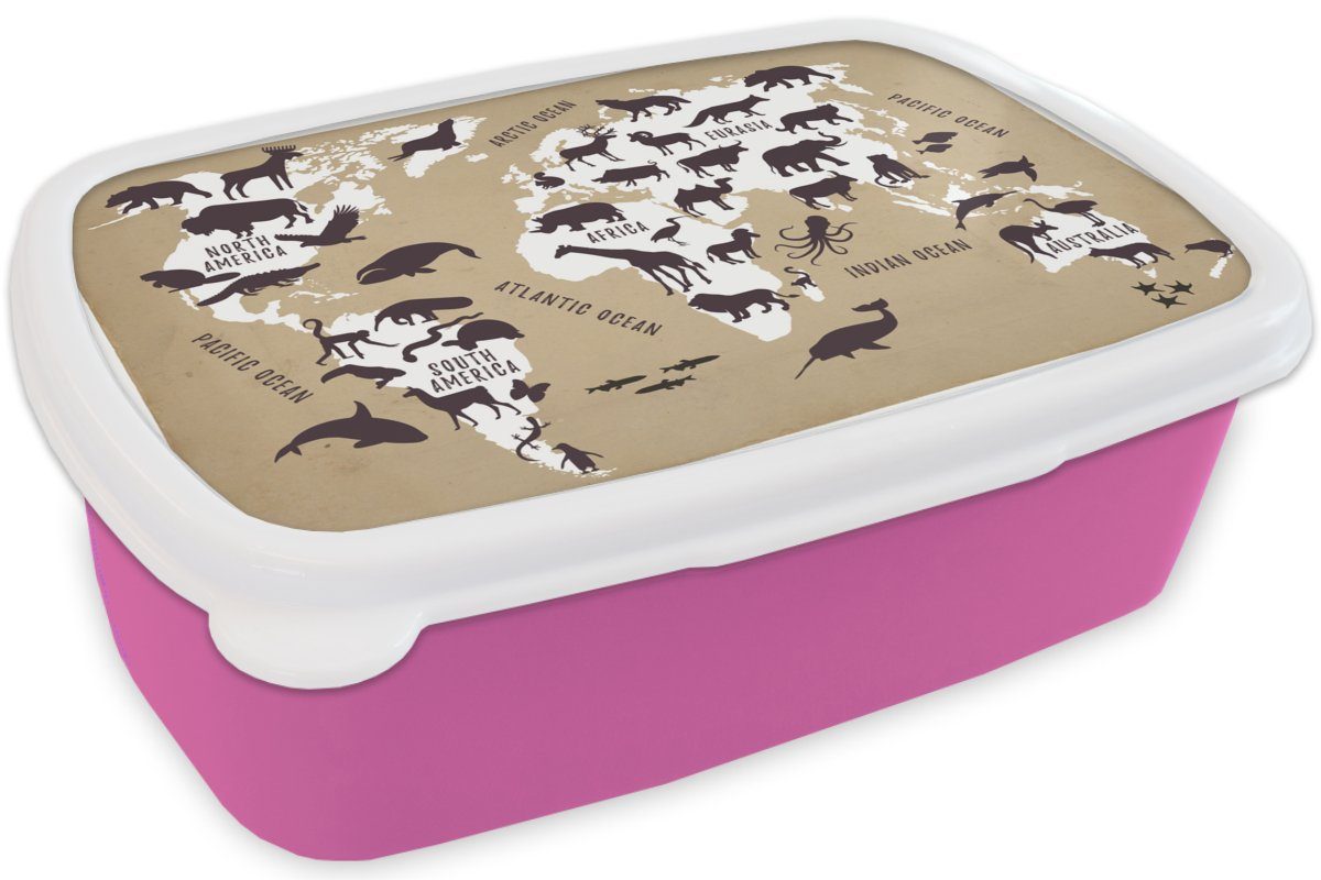MuchoWow Lunchbox Weltkarte - - rosa Kunststoff Sepia Erwachsene, Brotbox Snackbox, Mädchen, Brotdose Tiere, für Kinder, (2-tlg), Kunststoff