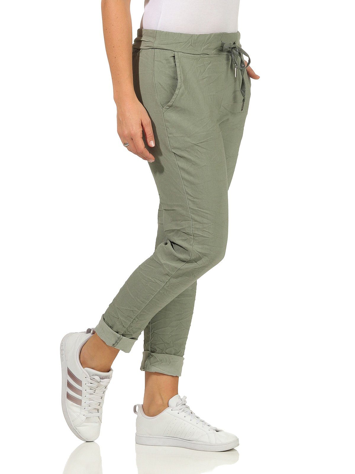 Aurela Damenmode Schlupfhose für Bund Basic elastischem angenehme Chinohose mit (1-tlg) Freizeithose Khaki Kordelzug, mit Schlupfhose Damen