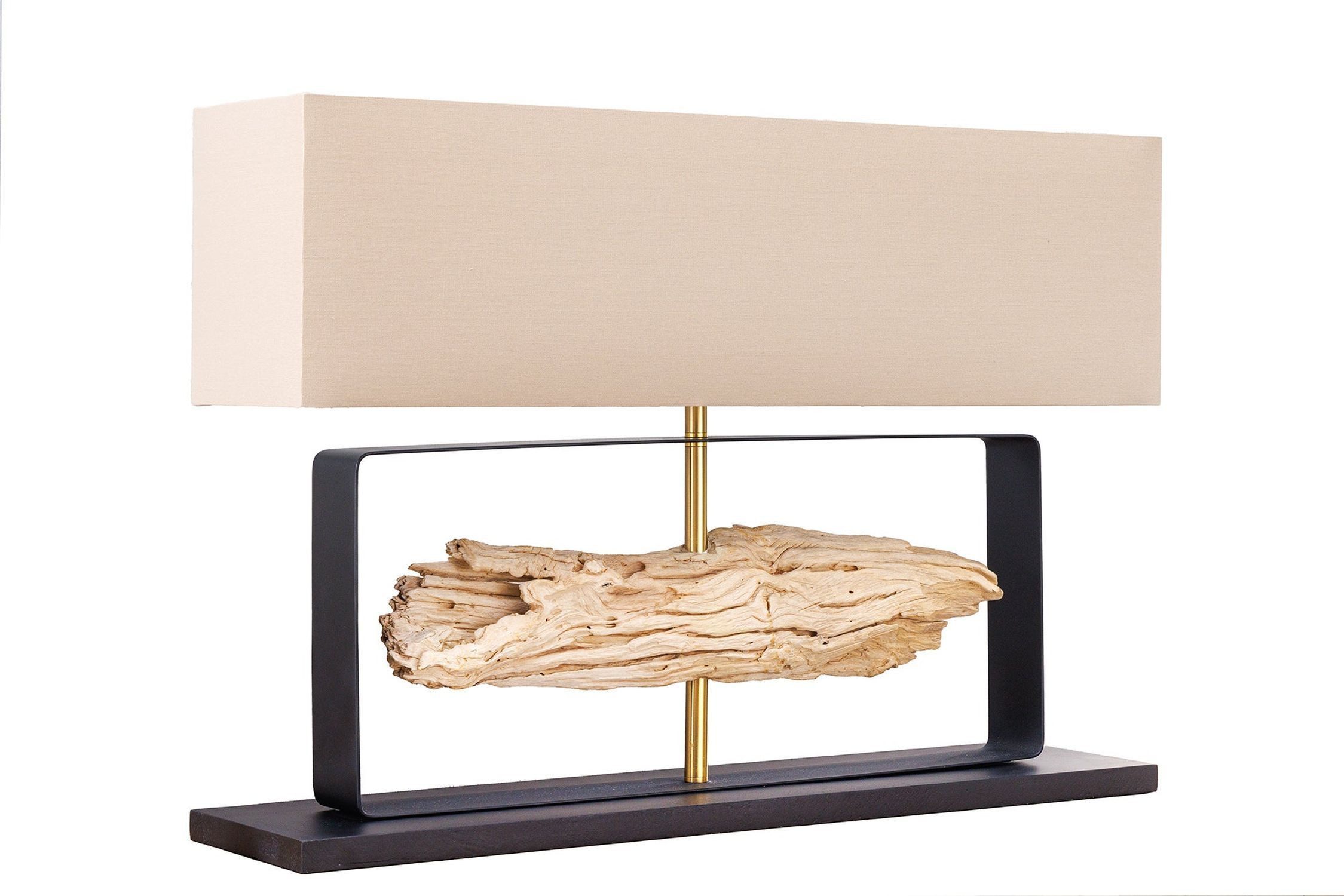 Licht-Erlebnisse Nachttischlampe NIASSO, ohne Leuchtmittel, Stoff Teakholz 80 cm breit in Schwarz Beige Gold eckig E27 Unikat