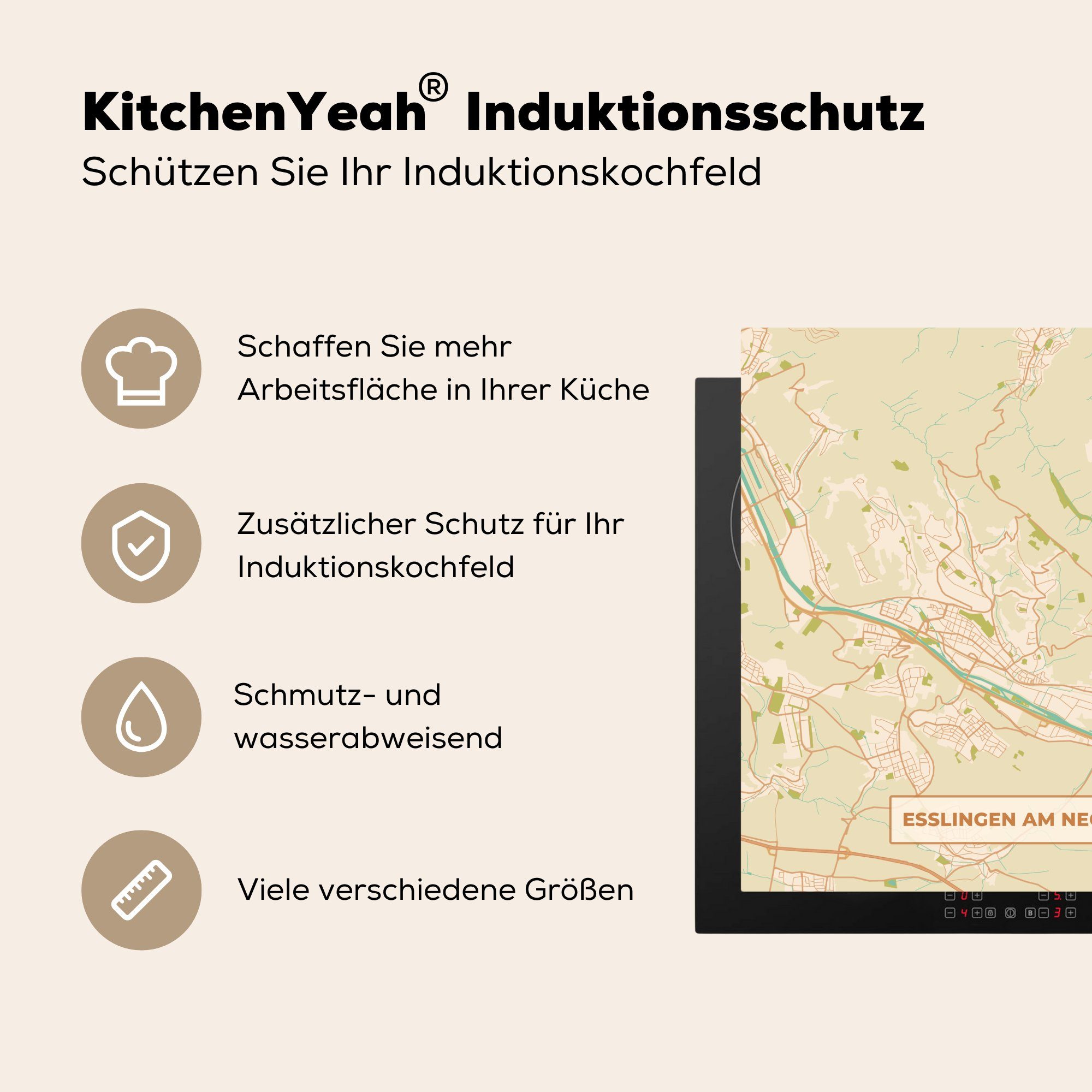 (1 - für Vintage Ceranfeldabdeckung, - küche Vinyl, Esslingen Herdblende-/Abdeckplatte Stadtplan, Karte MuchoWow - Arbeitsplatte cm, Neckar am 78x78 tlg),