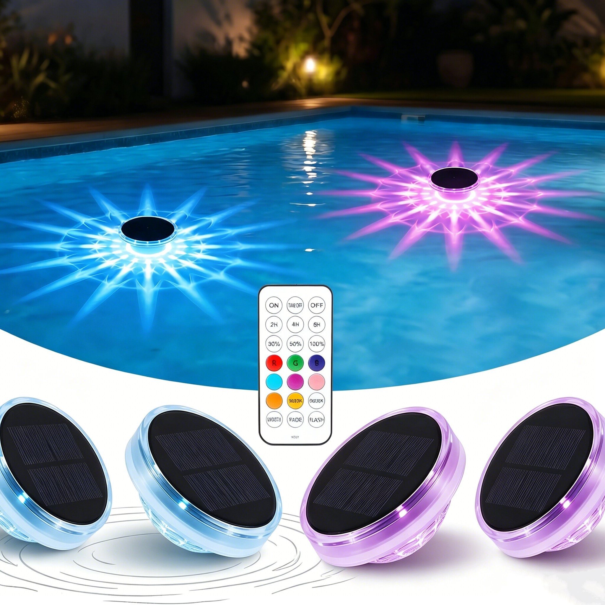 oyajia Pool-Lampe Schwimmende Poolbeleuchtung, RGB Solar Poollicht mit Fernbedienung, 4er Set, LED fest integriert, RGB, IP68 Wasserdicht Unterwasser Licht für Pool, Whirlpool, Teich, Garten