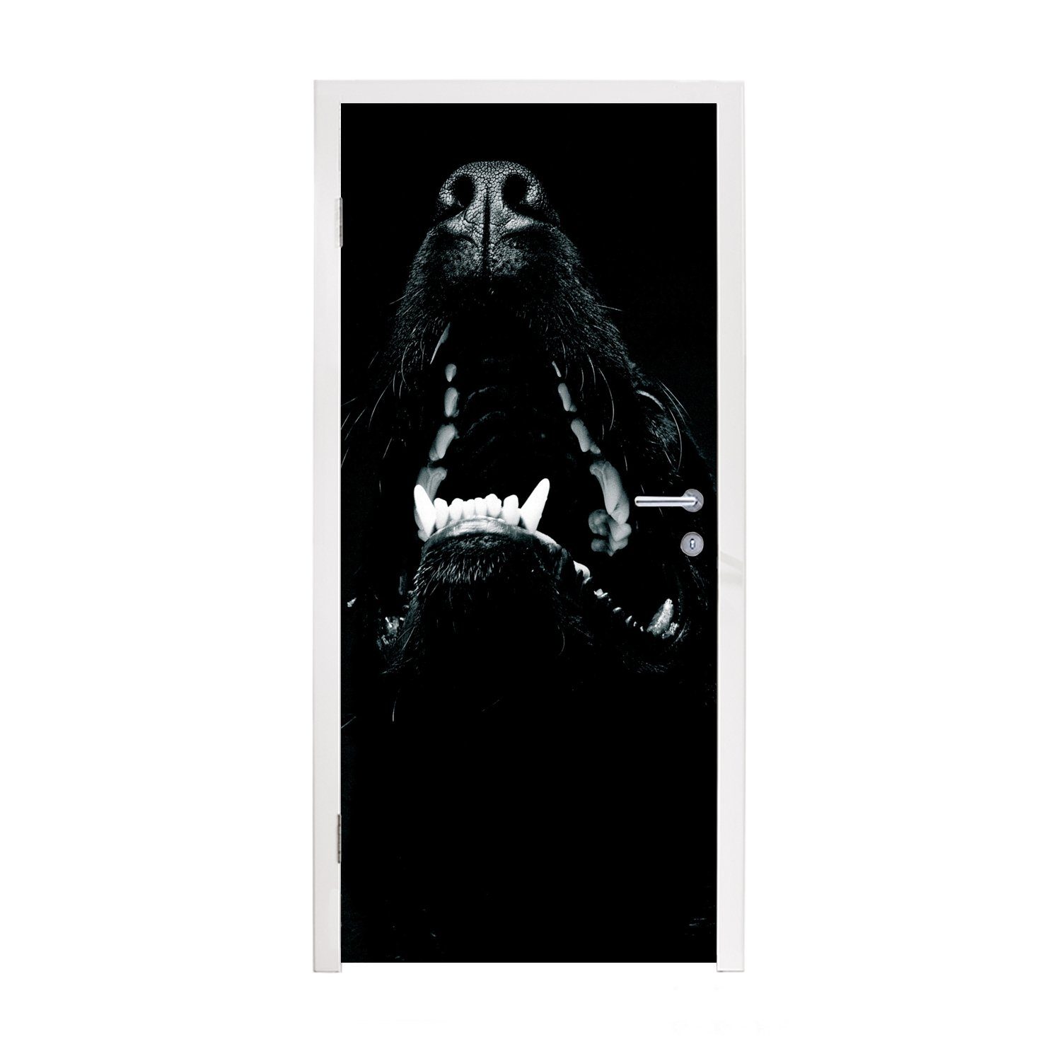 MuchoWow Türtapete Tierprofil Hund mit offenem Maul in schwarz und weiß, Matt, bedruckt, (1 St), Fototapete für Tür, Türaufkleber, 75x205 cm