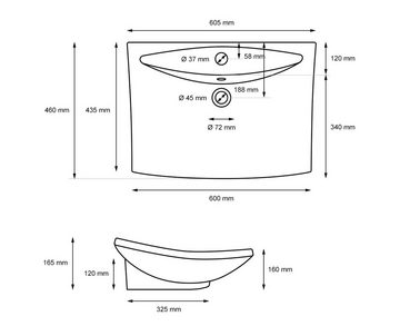 HAGO Aufsatzwaschbecken Keramik Waschbecken eckig 605x460x165 weiß mit Überlauf Aufsatzwaschbe