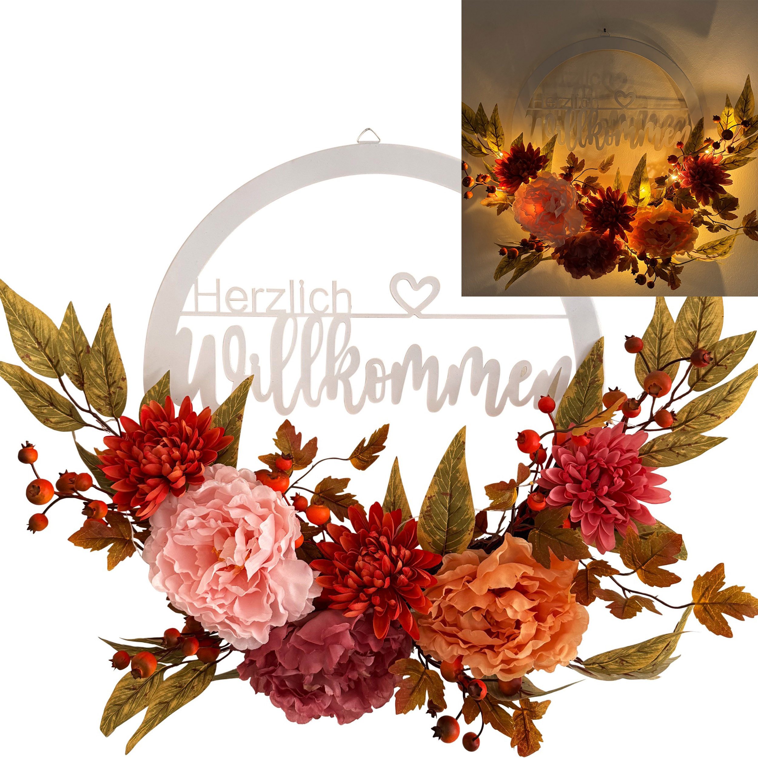 Online-Fuchs Dekokranz Türkranz mit Kunstblumen, LED-Lichterkette & Timer - Herbstdeko, mit Schriftzug „Herzlich Willkommen“ aus Metall gefertigt