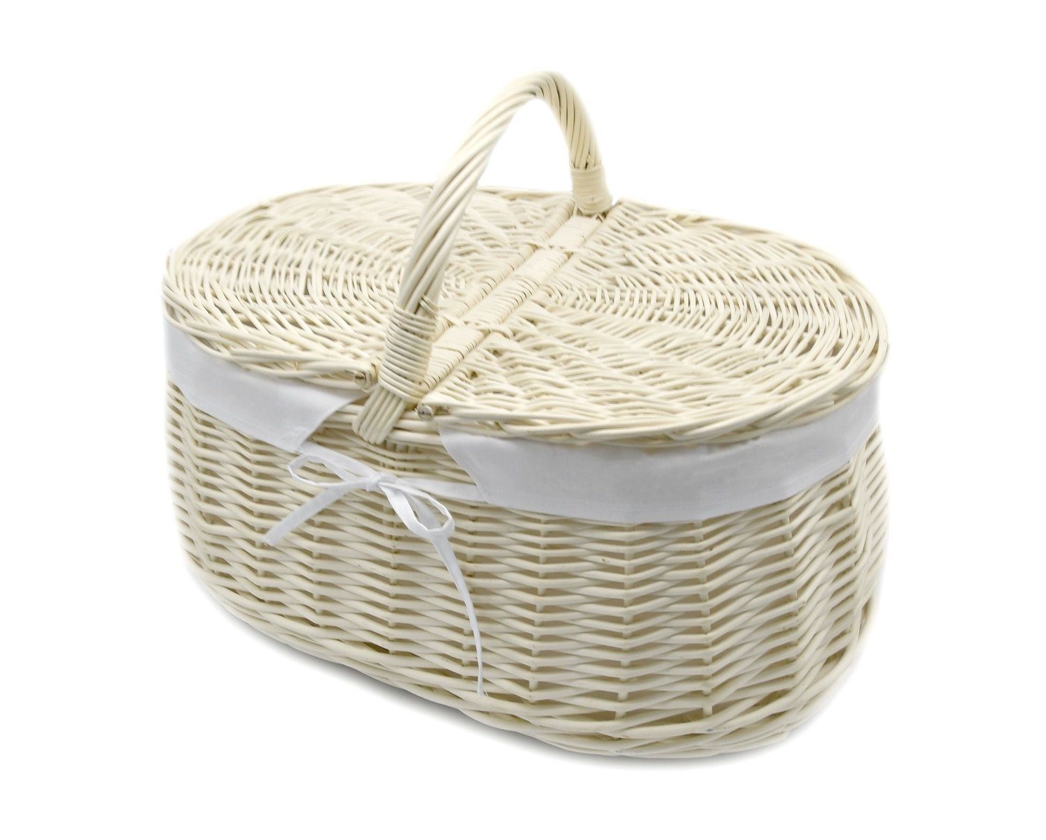 MyBer® Einkaufskorb Weidenkorb Korb Picknickkorb Stabiler Tragekorb mit 2 Deckeln aus Weide geflochten weiß mit Stoffeinlage