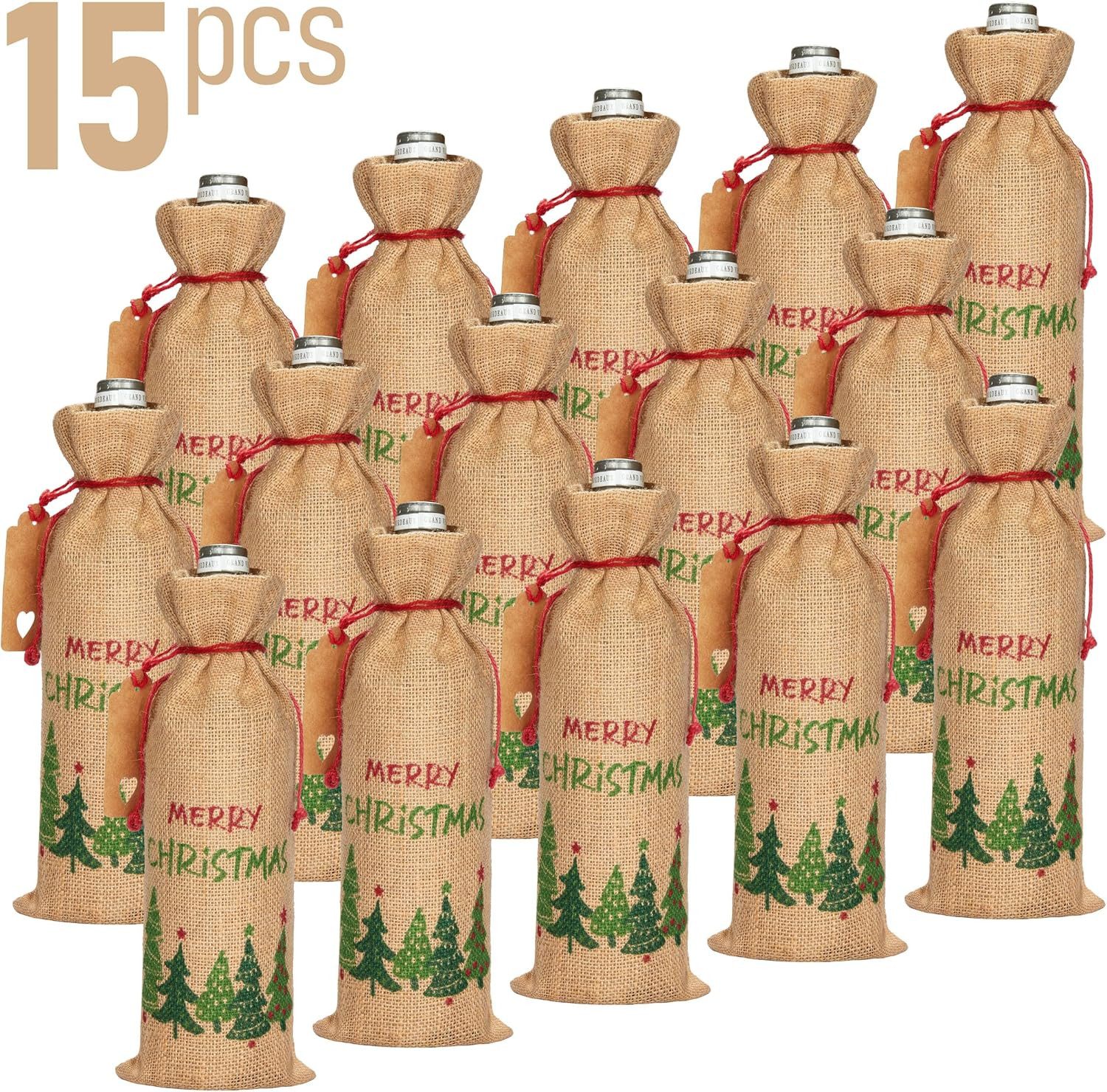 BRUBAKER Weinflaschenhalter Merry Christmas Grün/Rot, (Weintasche, Sack, Geschenk für Wein, Sekt und Champagner -, 15-St., Flaschenbeutel für Weihnachtsgeschenk), 36 cm x 17 cm Weinsack aus Jute