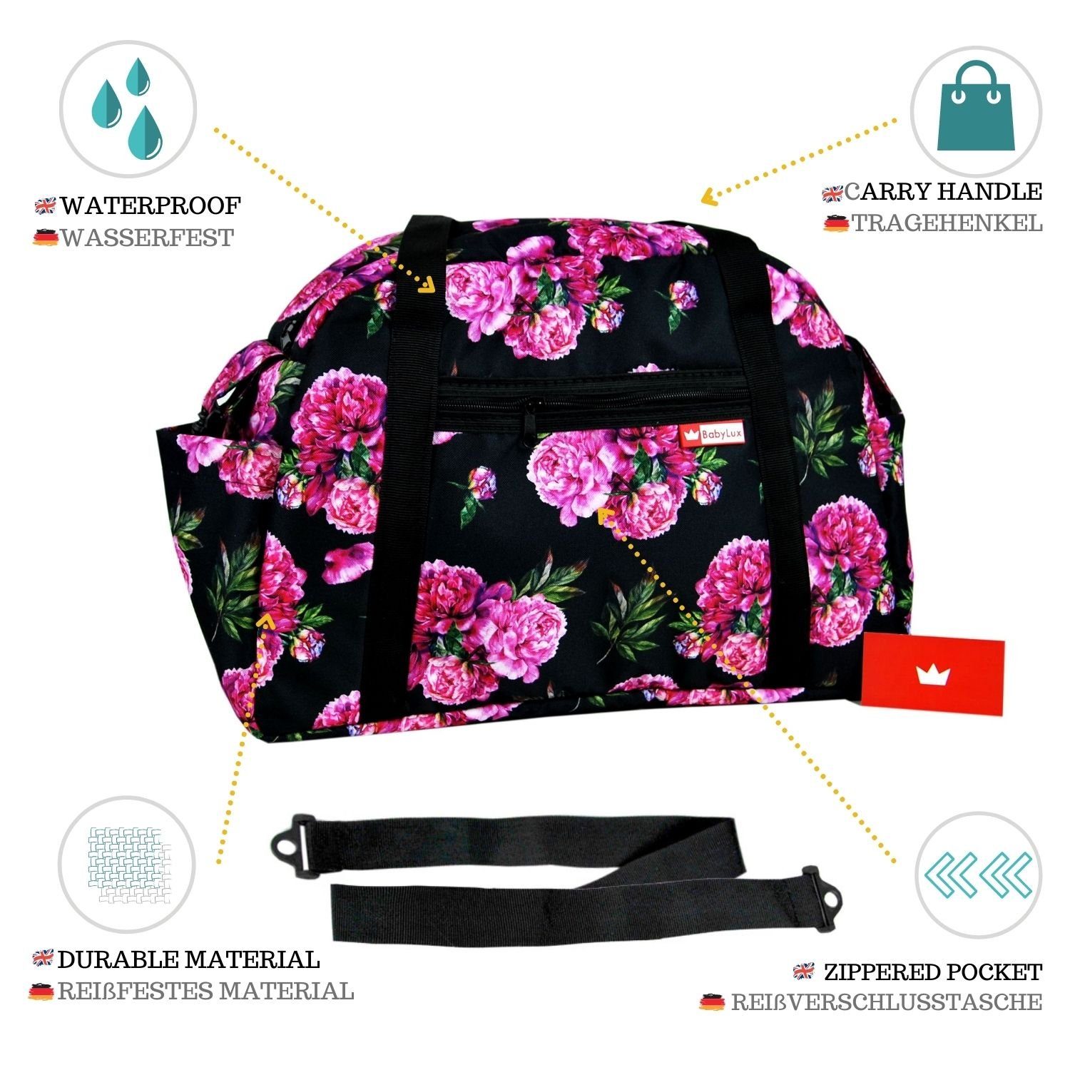 BabyLux Wickeltasche BabyLux Wickeltasche COLORFUL Kinderwagen Buggy Große Handtasche, 77. Schwarz + Päonien