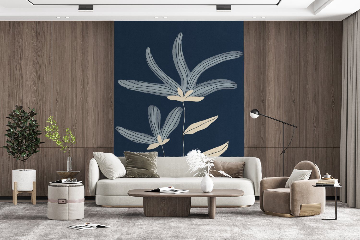 Tapete Blau - - Pflanzen Matt, für - Wohnzimmer, St), Vinyl Natur, Fototapete Wandtapete Blumen bedruckt, Montagefertig MuchoWow (4