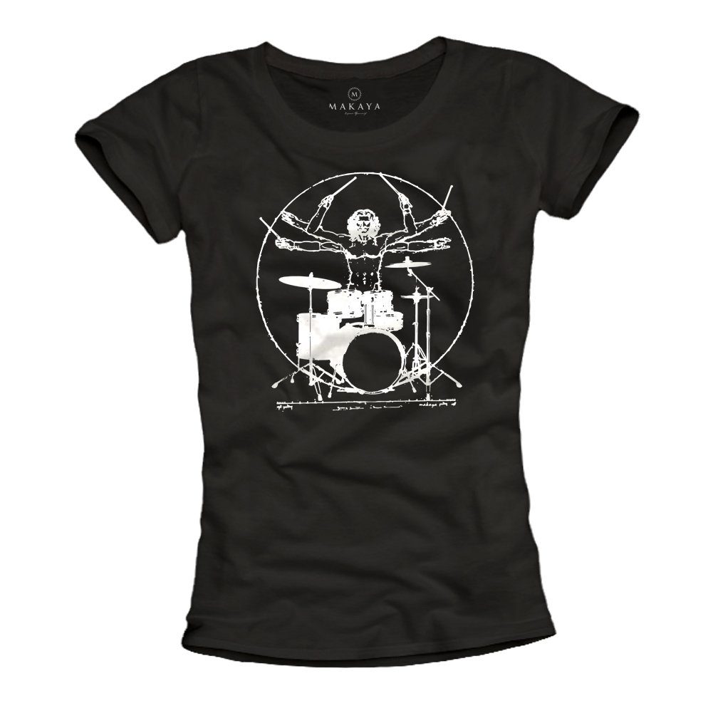 Print-Shirt Damen Bandshirt Schlagzeug Musik Top Rock Motiv Frauen Top Schwarz