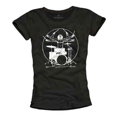 MAKAYA Print-Shirt Damen Bandshirt Schlagzeug Musik Top Rock Motiv Frauen Top Schwarz