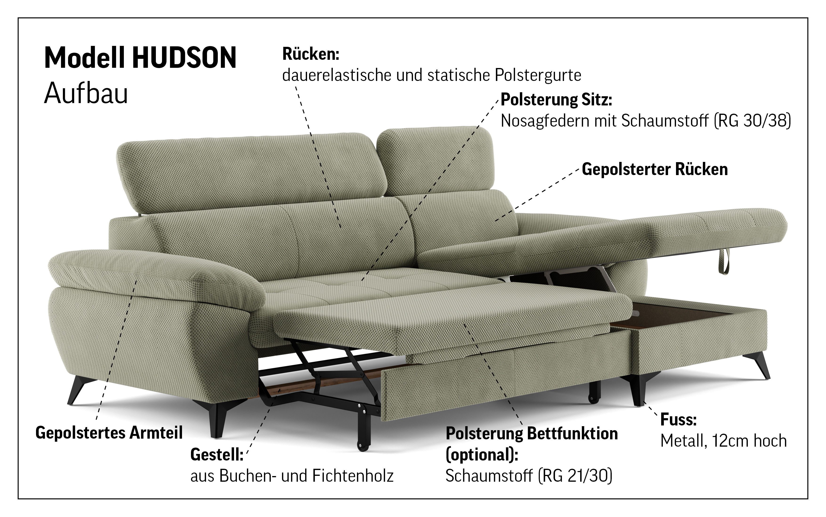 COTTA Ecksofa Hudson L-Form, B: 261 cm, mit Kopfteilverstellung, optional Bettfunktion & Bettkasten