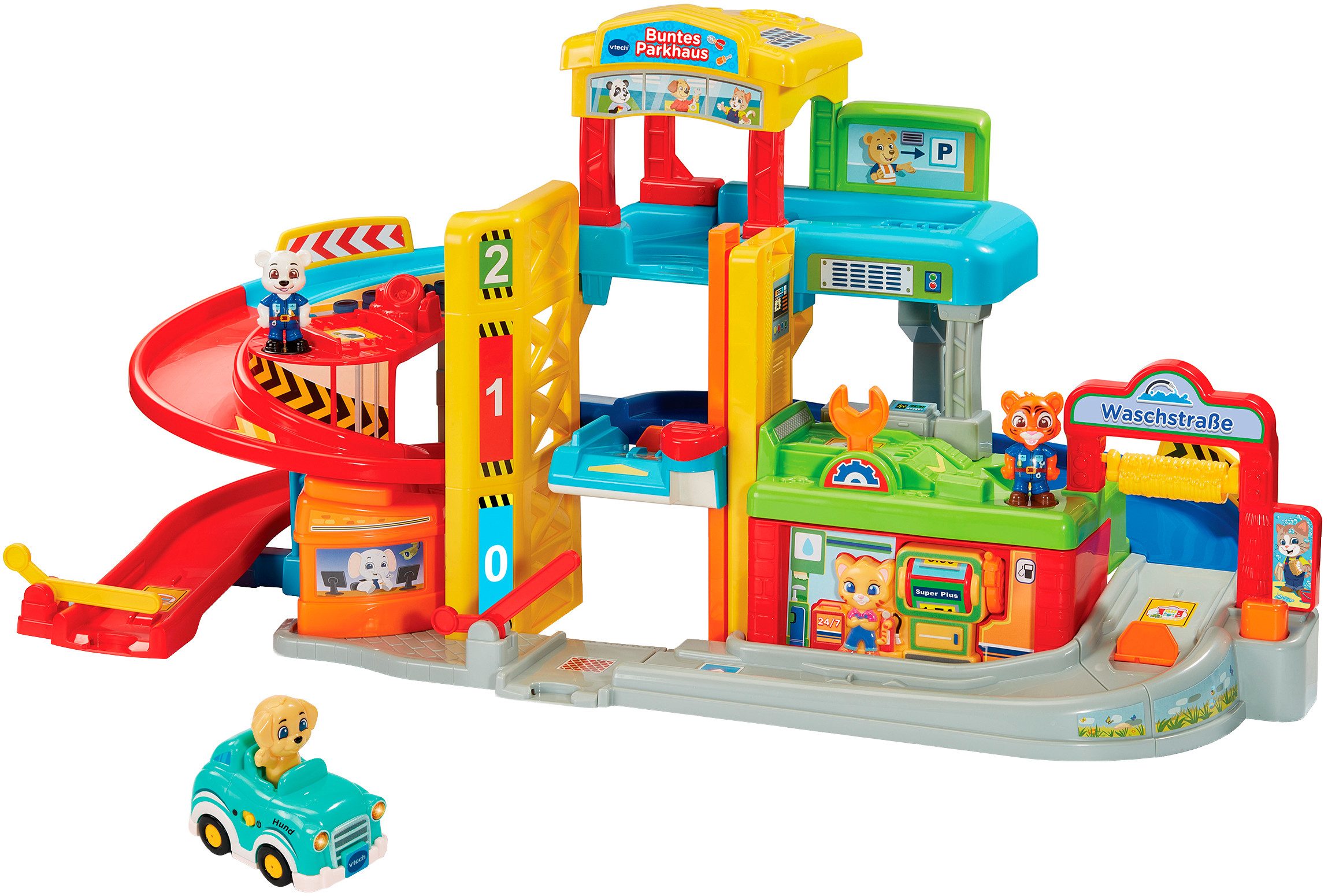 Vtech® Spielwelt Tut Tut Baby Flitzer, Buntes Parkhaus, inklusive 3 Fahrzeuge (Taxi, Sportwagen, Lieferwagen)