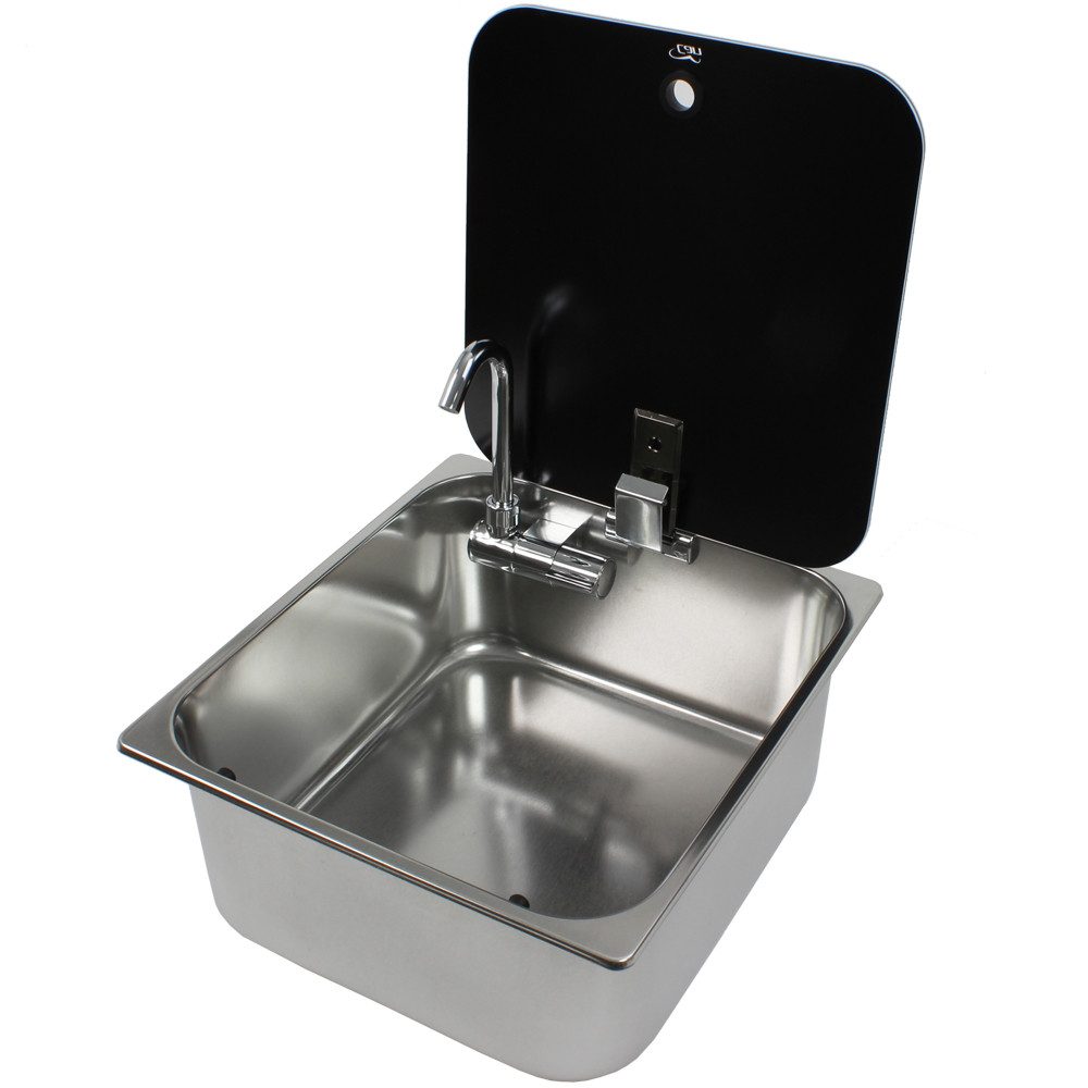 Canù Waschbecken Edelstahl VA Waschbecken Spüle mit Wasserhahn + Abfluss + Glasdeckel