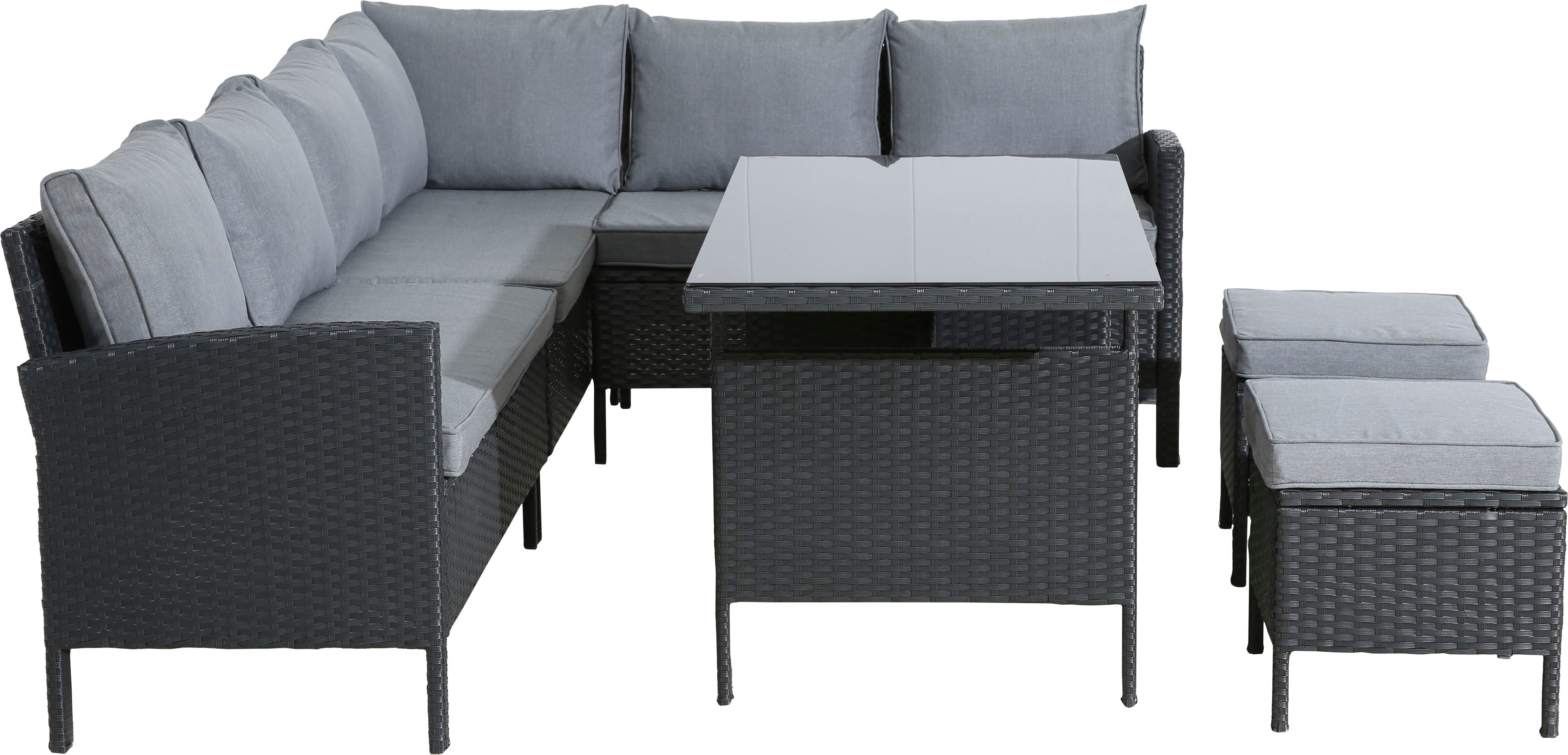 KONIFERA Gartenlounge-Set Manhatten, Gartenmöbel Set, (Set, 18-tlg., Ecklounge, Tisch 66x120x74 cm, 2 Hocker, inkl. Auflagen), Stahl/Polyrattan
