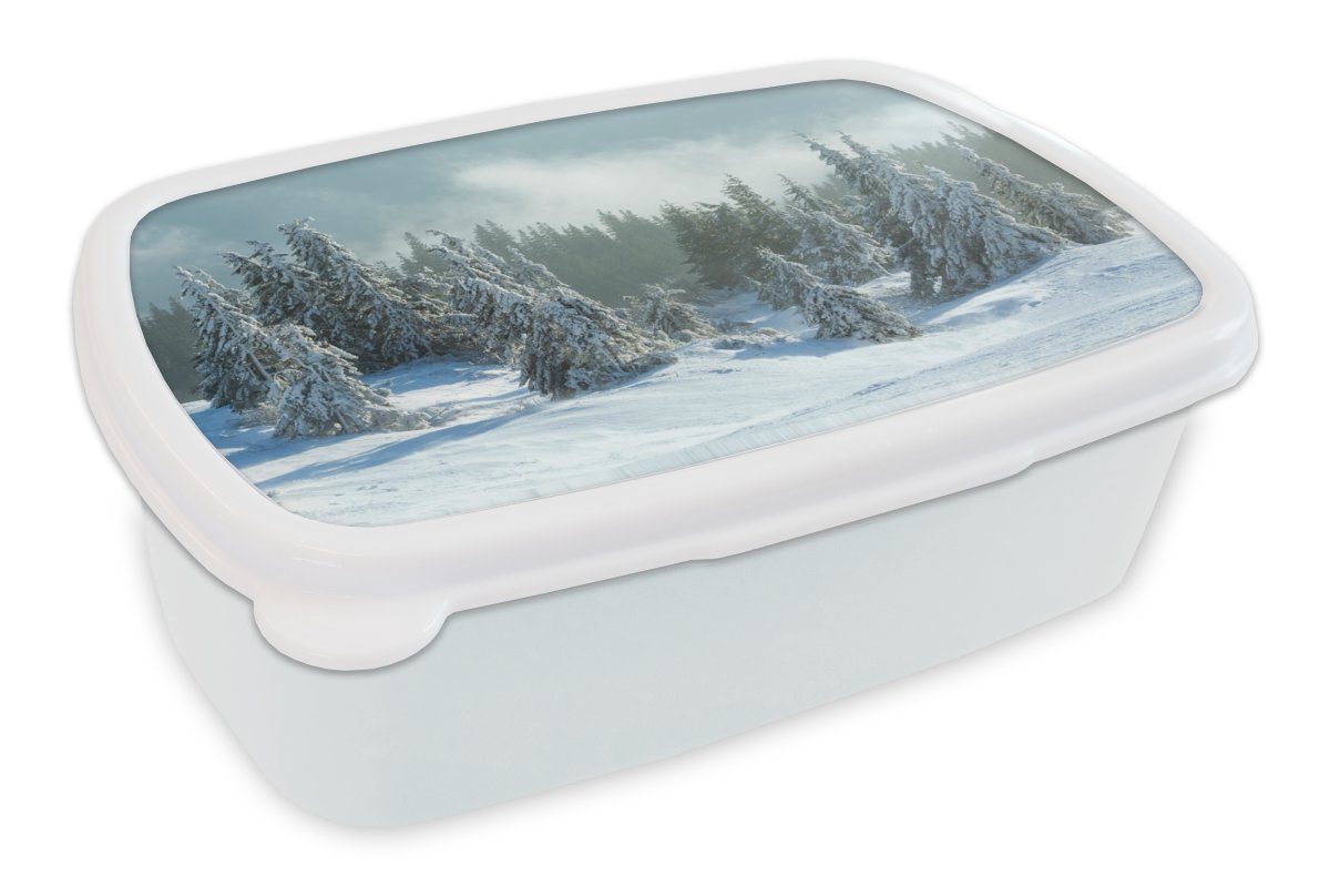 MuchoWow Lunchbox Wald - Schnee - Winter, Kunststoff, (2-tlg), Brotbox für Kinder und Erwachsene, Brotdose, für Jungs und Mädchen weiß