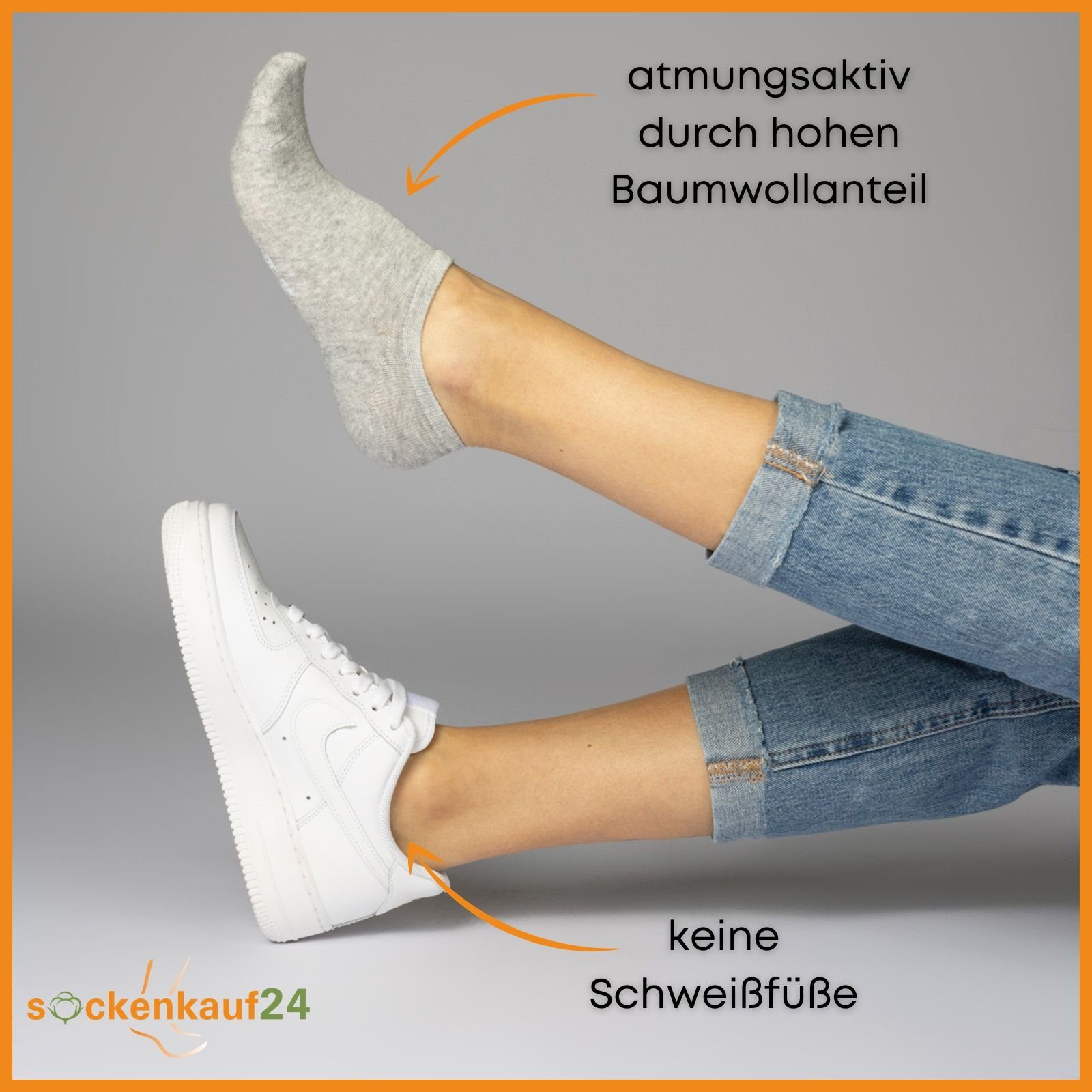 sockenkauf24 Sneakersocken 10 Paar Damen & Herren Füßlinge unsichtbare kurze Socken (Grau, 43-46) mit Silikonpad gegen Verrutschen - 16805 WP