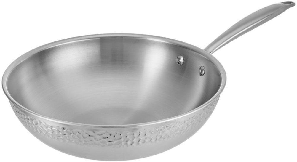 RESTO Kitchenware Wok Crater tiefe Pfanne aus Tri-Ply (Edelstahl + Aluminium + Edelstahl), Edelstahl 18/10 (1-tlg), Energieeinsparung 25% durch die dreilagige Basis, ofenfest