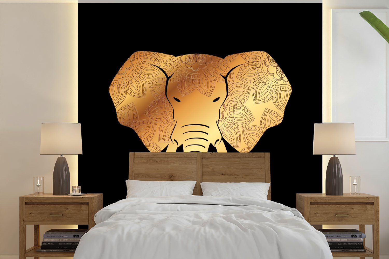 MuchoWow Fototapete Elefant - Gold - Blumen, Matt, bedruckt, (5 St), Vinyl Tapete für Wohnzimmer oder Schlafzimmer, Wandtapete